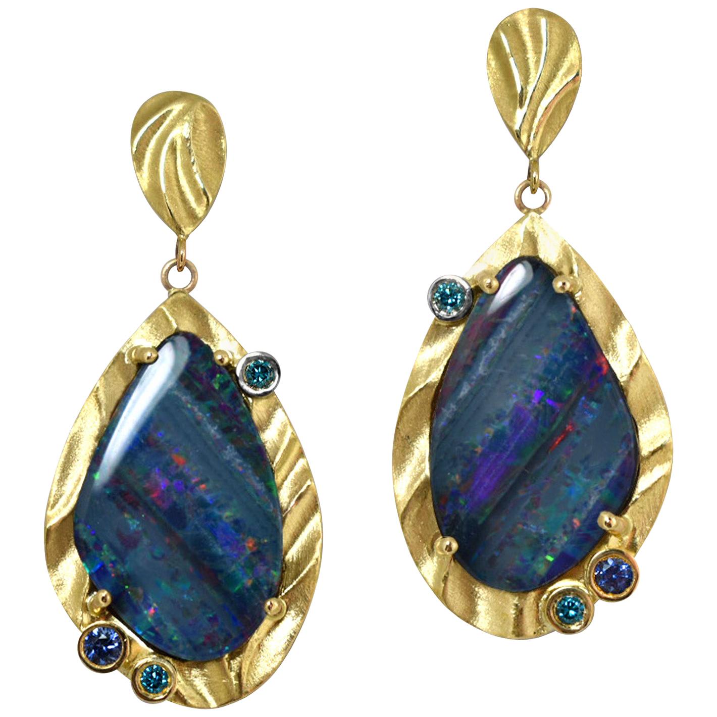 18 Karat Yellow Texture Gold Blue Opal Dangle Earrings with Blue Diamonds  For Sale