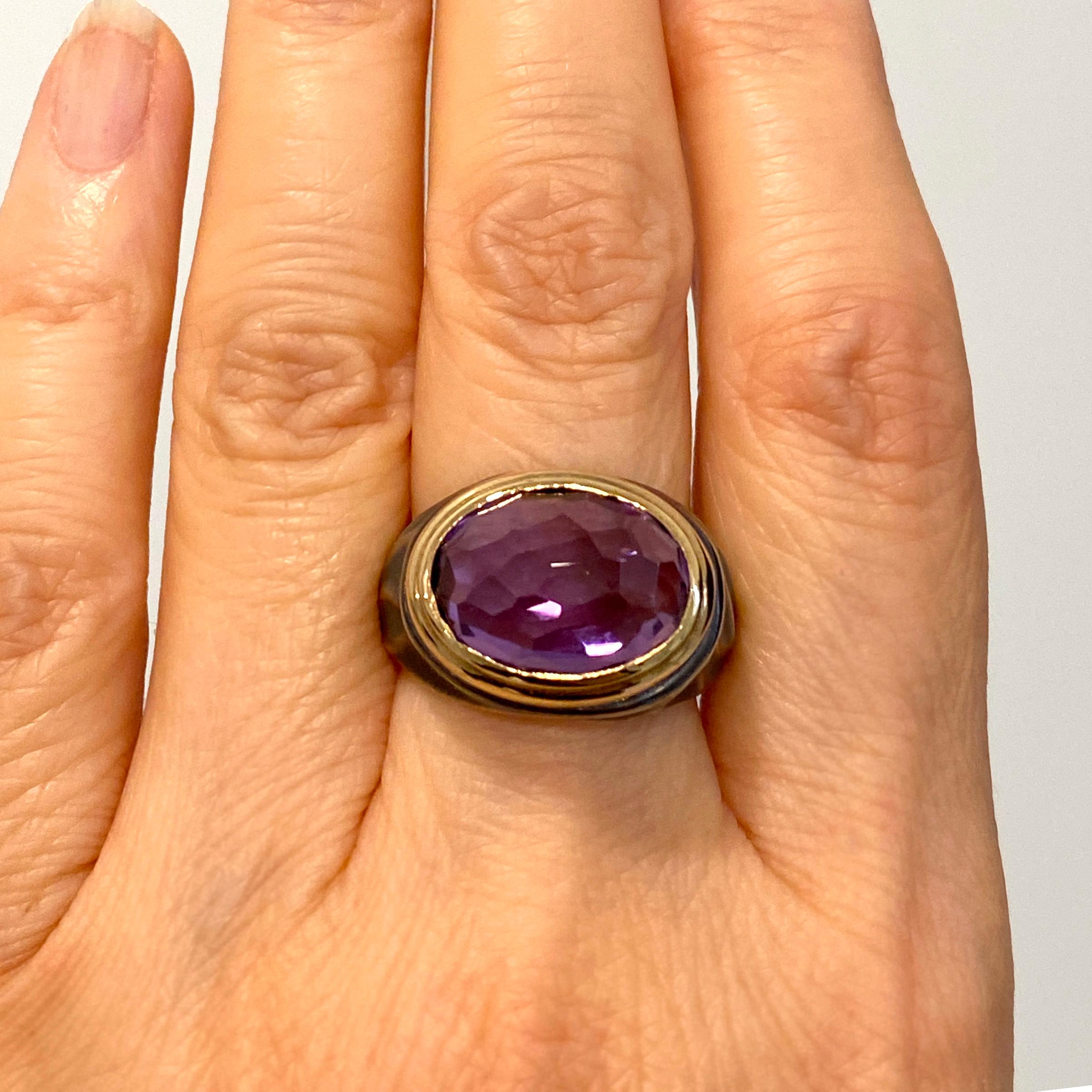 Rose Cut K.Mita Oxidized Sterling Silver Ring Faceted Amethyst in 18 Karat Yellow Gold For Sale