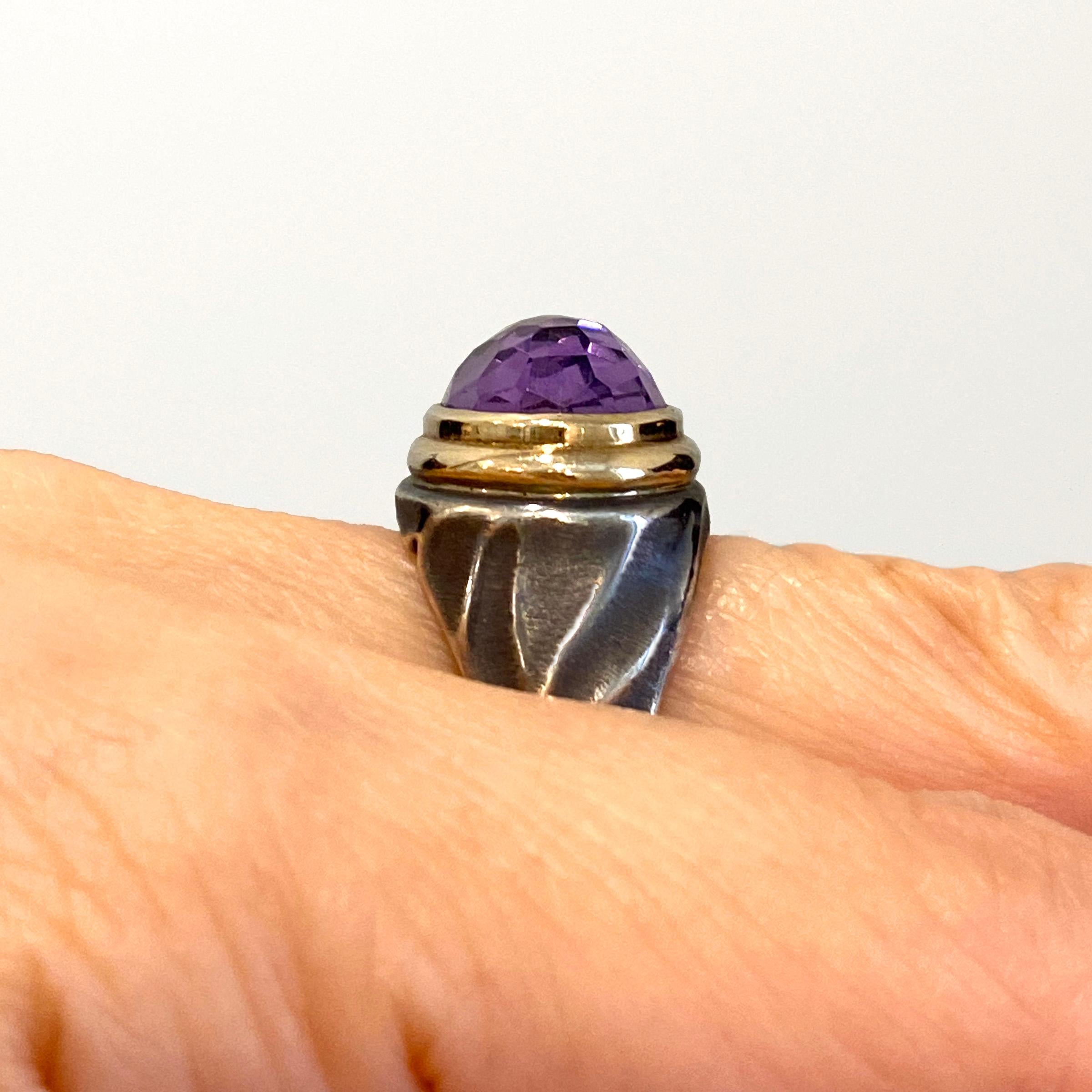 K.Mita Oxidized Sterling Silver Ring Faceted Amethyst in 18 Karat Yellow Gold In New Condition For Sale In New York, NY