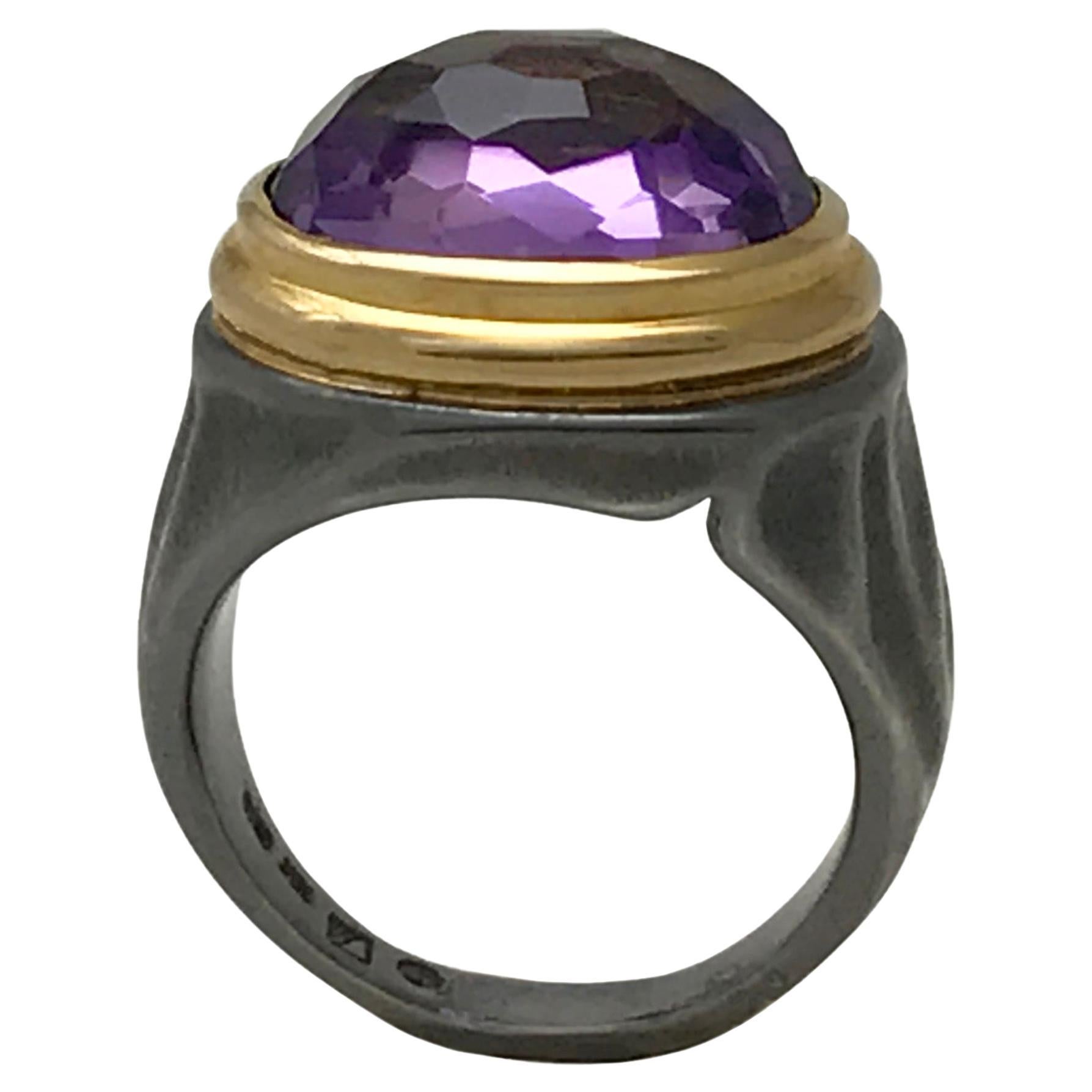 K.Mita Oxidized Sterling Silver Ring Faceted Amethyst in 18 Karat Yellow Gold For Sale