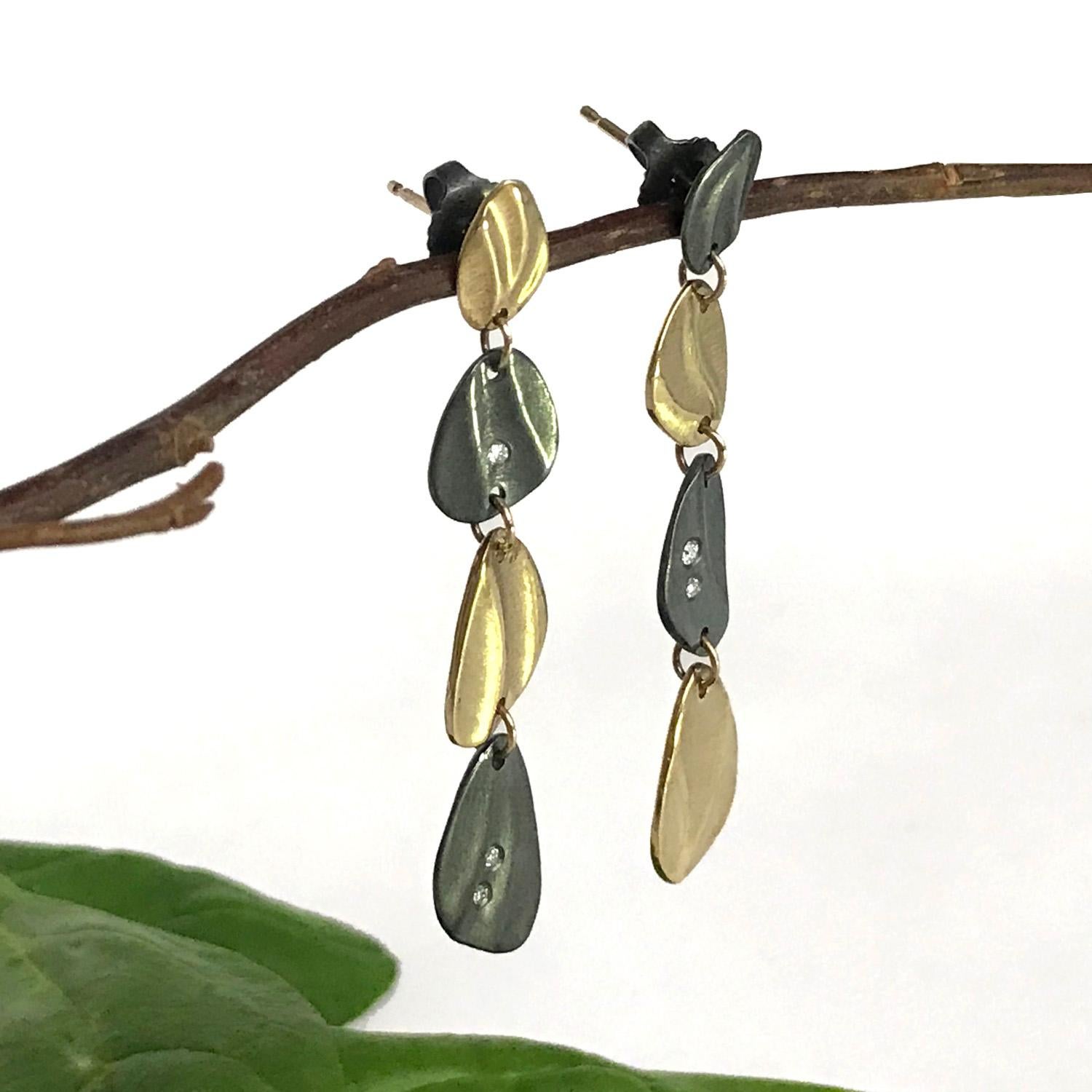 Contemporary Two Tone 14 Karat Gold and Oxidized Silver Diamond Pebble Shape Dangle Earrings For Sale