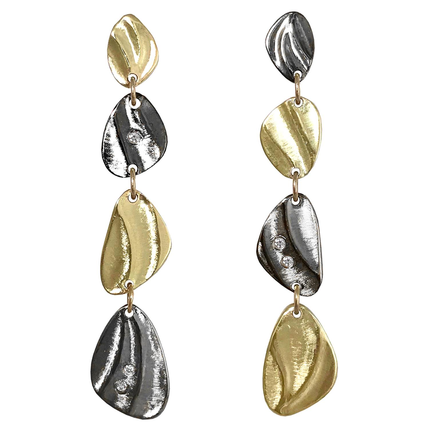 Two Tone 14 Karat Gold and Oxidized Silver Diamond Pebble Shape Dangle Earrings For Sale