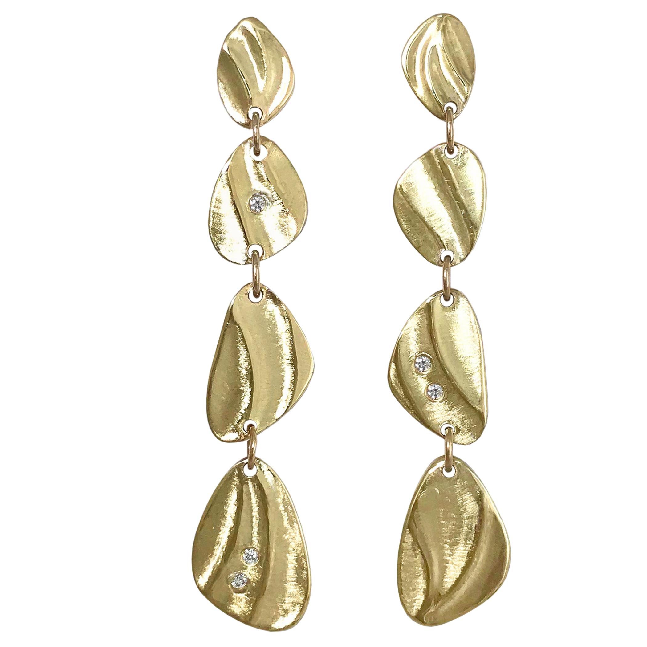 14 Karat Yellow Gold with Diamonds Pebble Shaped Flexible Dangle Earrings  For Sale