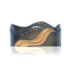 Wave Cuff Bracelet with Diamond Accents and 14 Karat Gold, Oxidized Silver