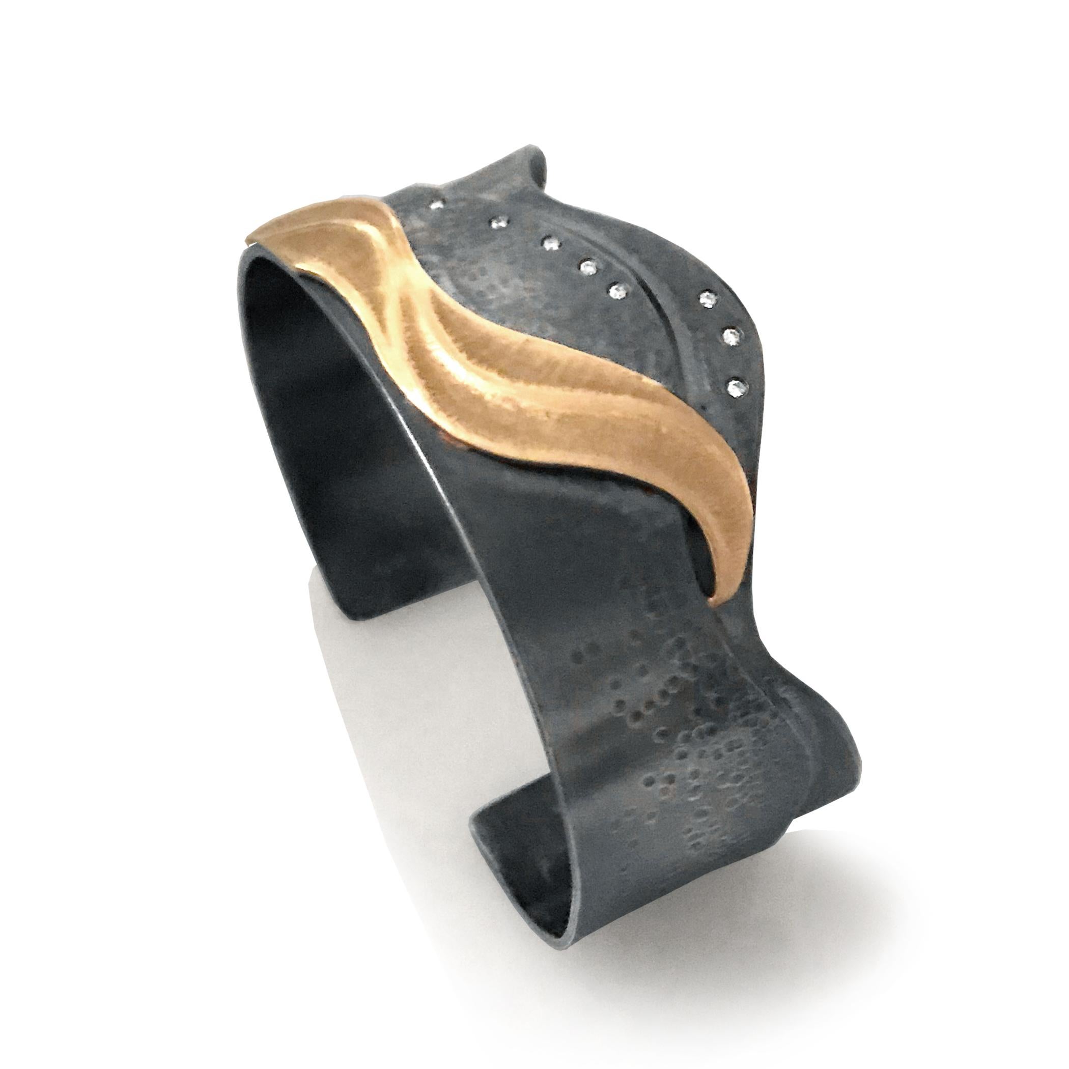 Contemporary Wave Cuff Bracelet with Diamond Accents and 14 Karat Gold, Oxidized Silver For Sale