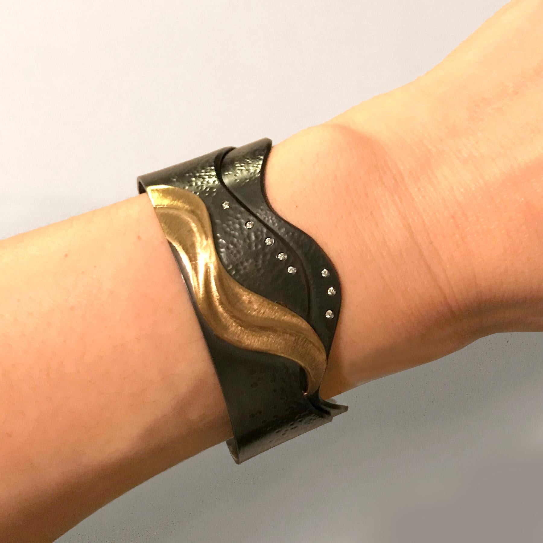 Round Cut Wave Cuff Bracelet with Diamond Accents and 14 Karat Gold, Oxidized Silver For Sale