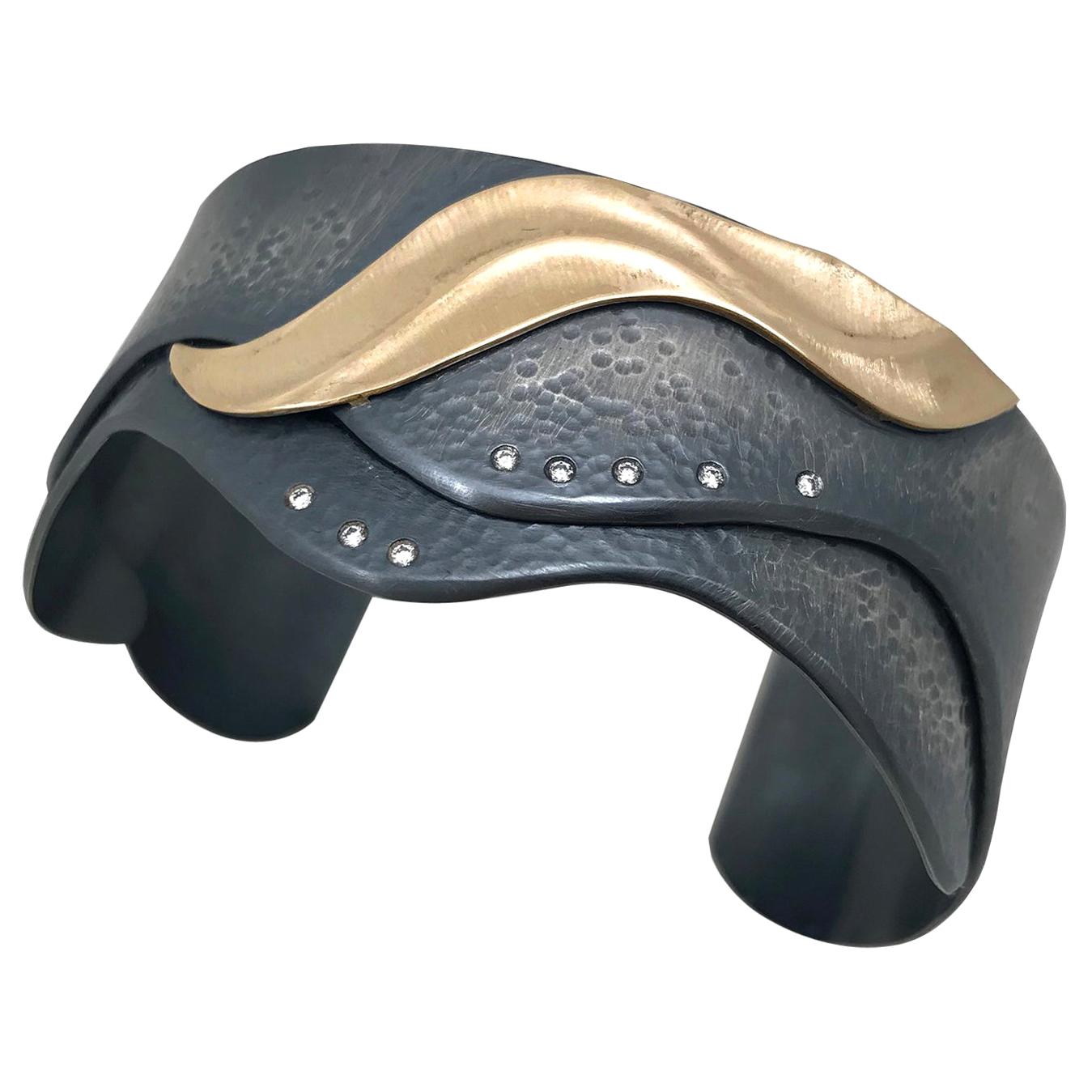 Wave Cuff Bracelet with Diamond Accents and 14 Karat Gold, Oxidized Silver For Sale