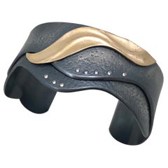 Wave Cuff Bracelet with Diamond Accents and 14 Karat Gold, Oxidized Silver