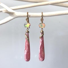 K.Mita’s Modern Earrings Feature Rhodocrosite and Ethiopian Opal, 14 Karat Gold