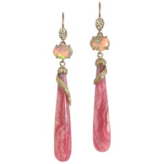 K.Mita’s Modern Earrings Feature Rhodocrosite and Ethiopian Opal, 14 Karat Gold