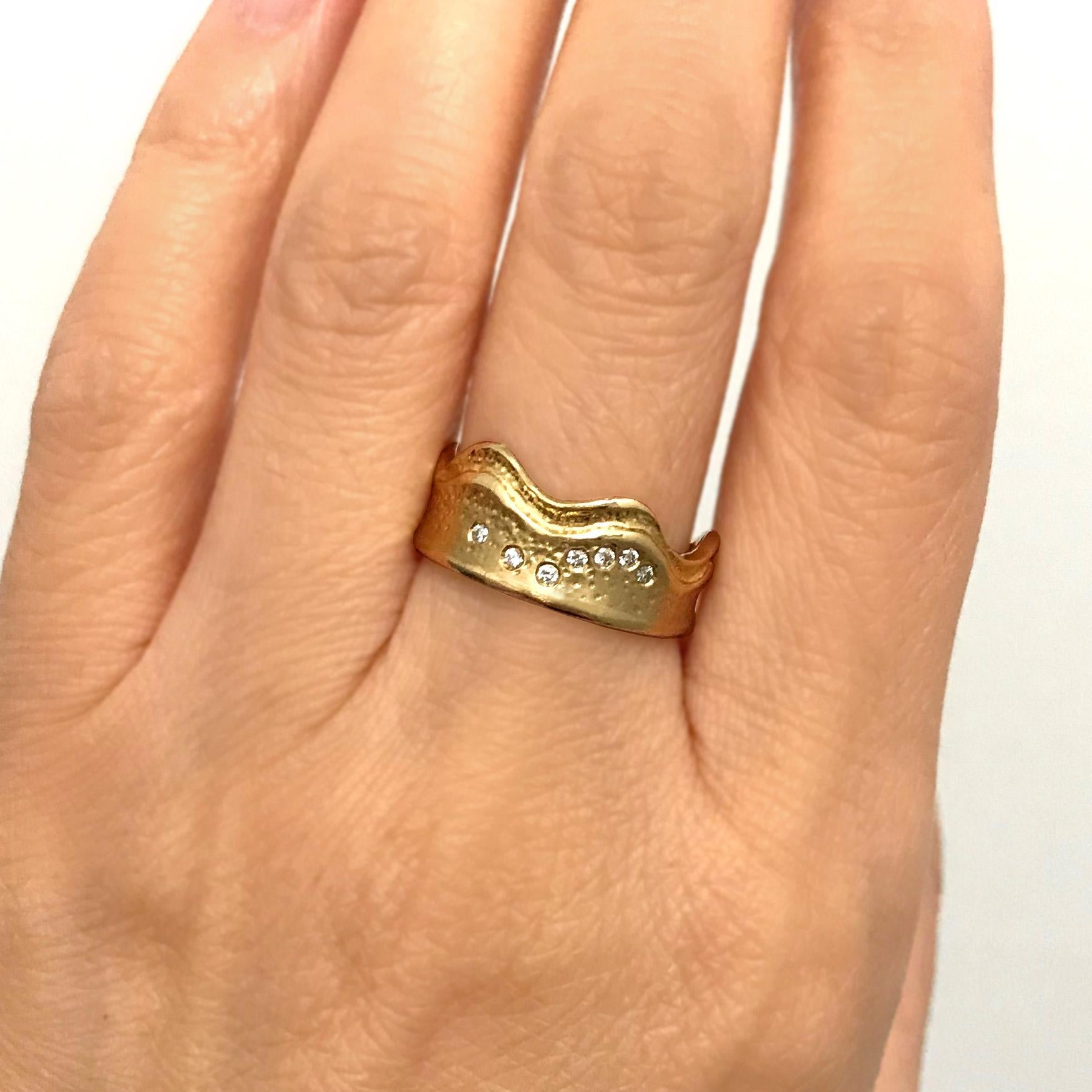 Contemporary Wave 14 Karat Yellow Gold Textured Ring with White Diamond Accents, Tidal Ring For Sale