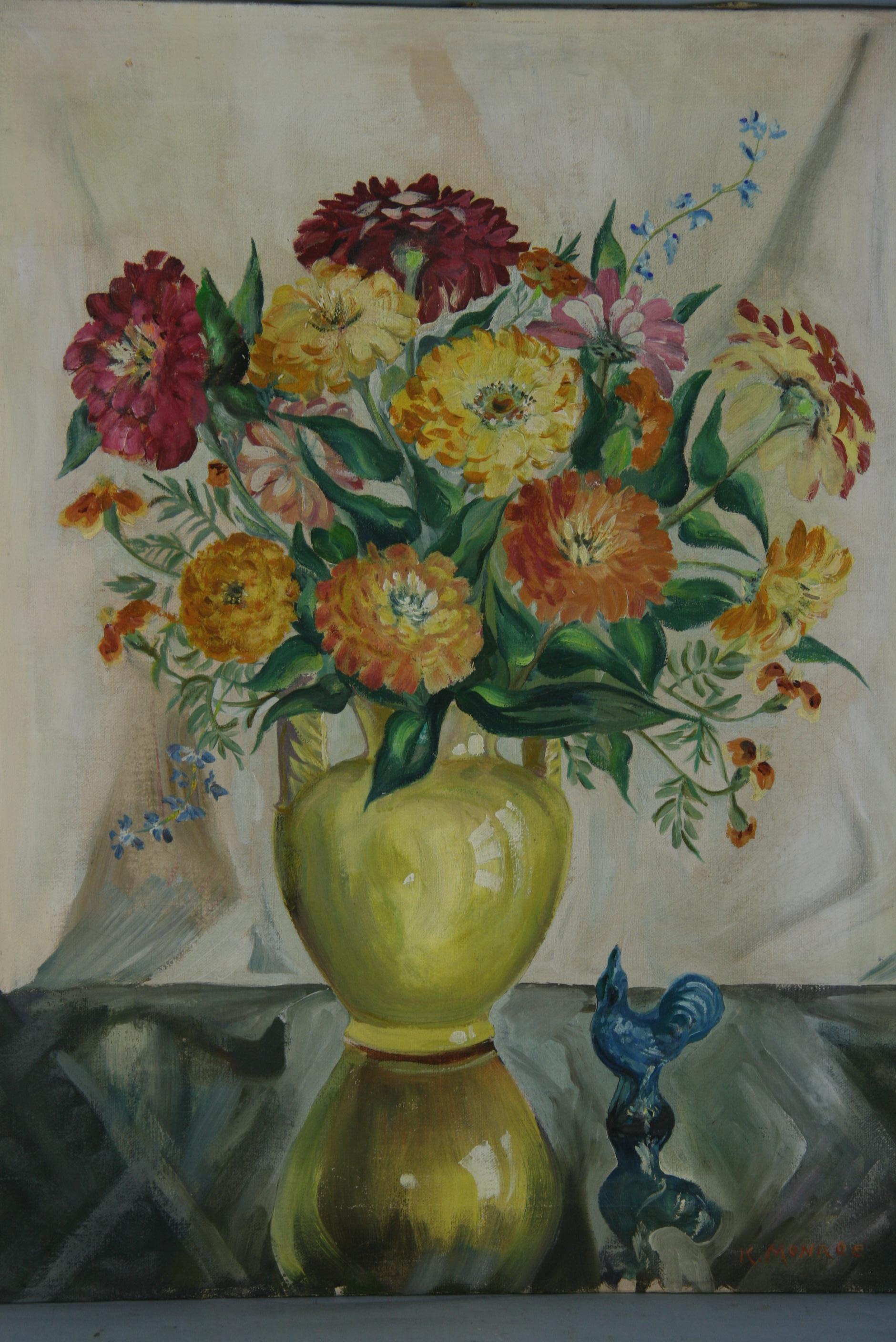 Vintage Modernista Impresionista Moderno Colorido Ramo de Flores Bodegón - Still-Life Painting Gris de K.Monroe