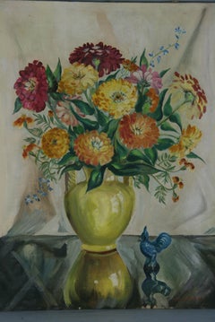 Quadro di natura morta con bouquet di fiori colorati, stile vintage modernista