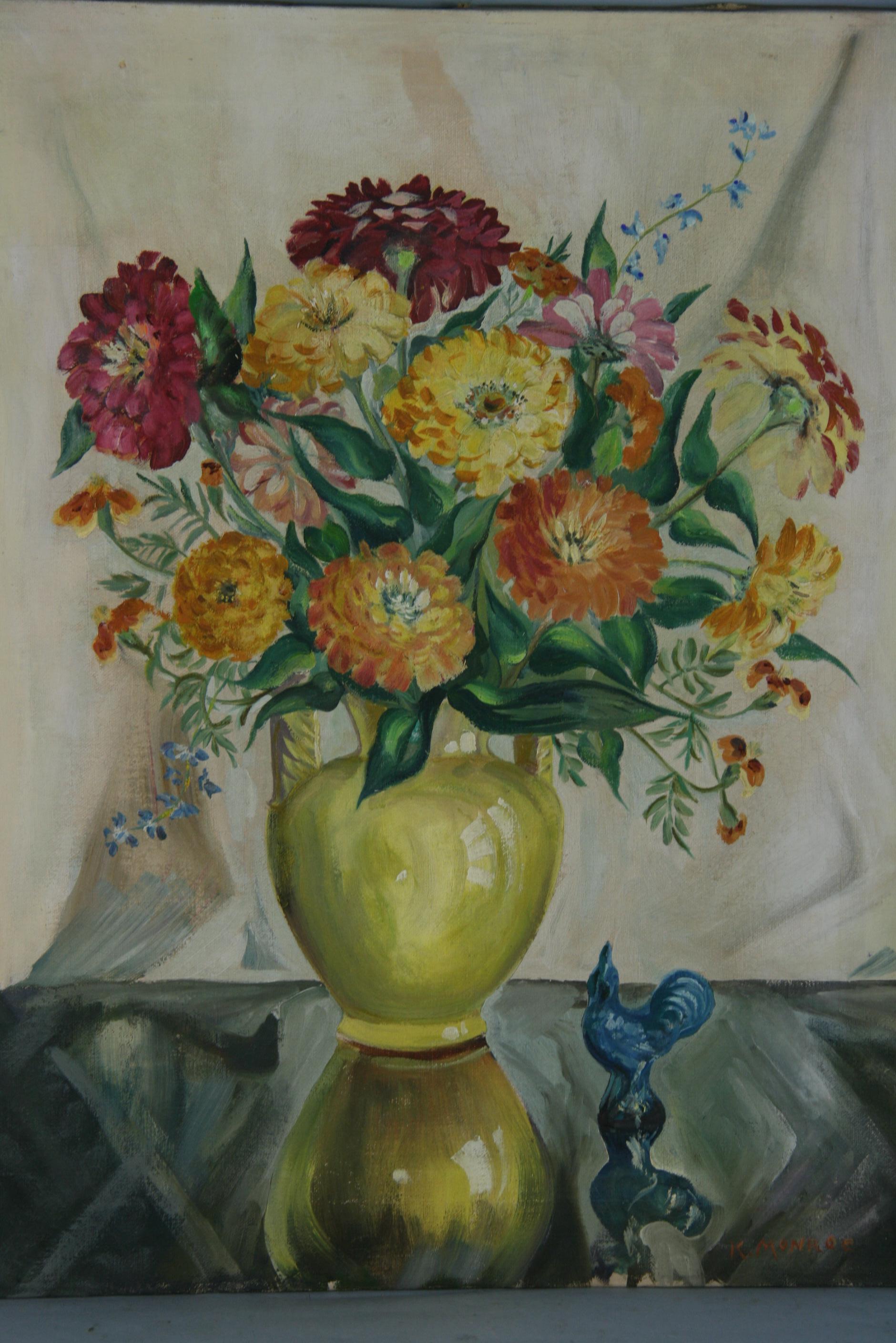 Vintage Modernist Impressionist  Bunter Blumenstrauß Stilleben – Painting von K.Monroe
