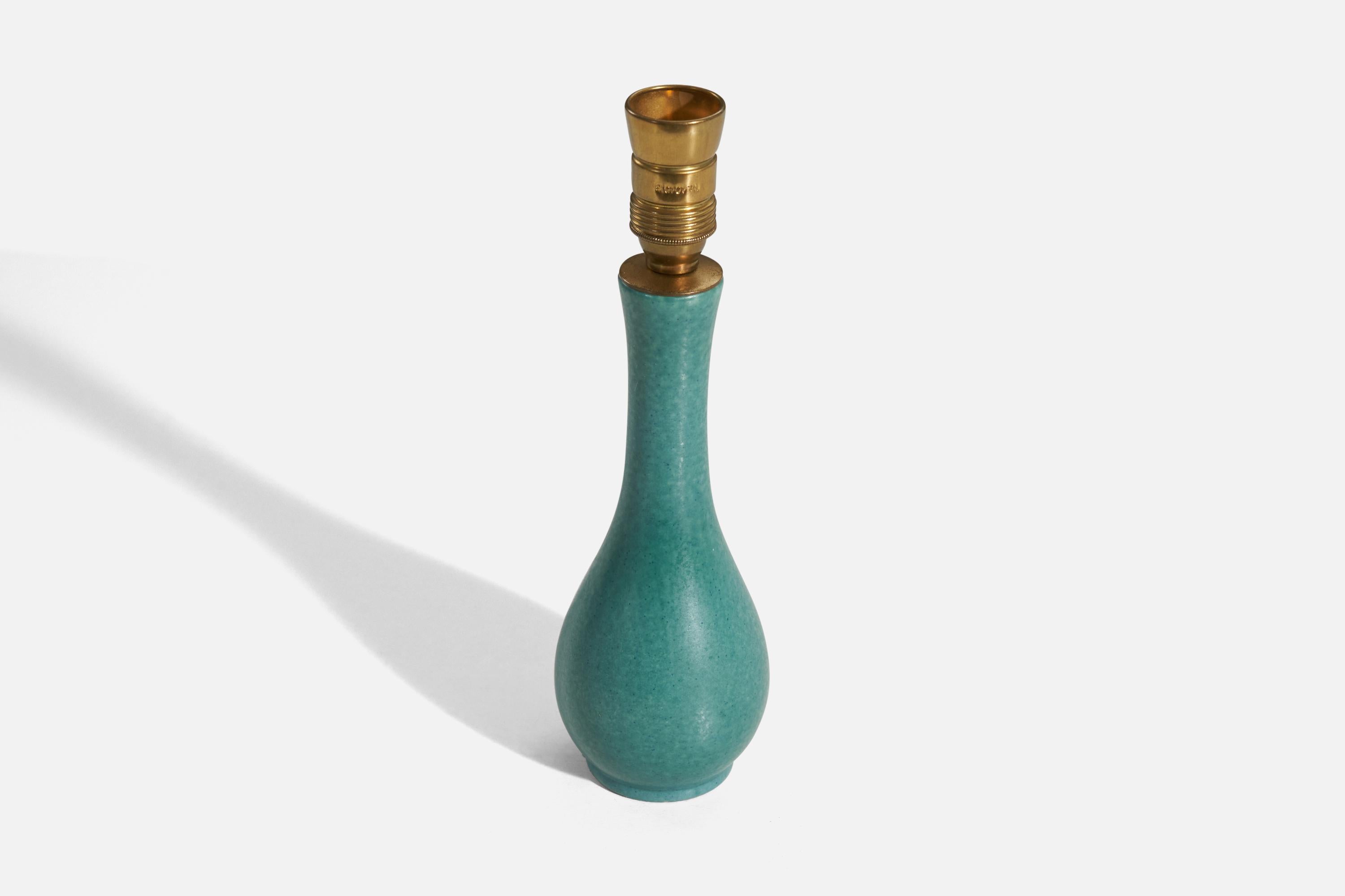 Knabstrup, Table Lamp, Green Glazed Stoneware and Brass, Denmark, 1960s In Good Condition For Sale In High Point, NC