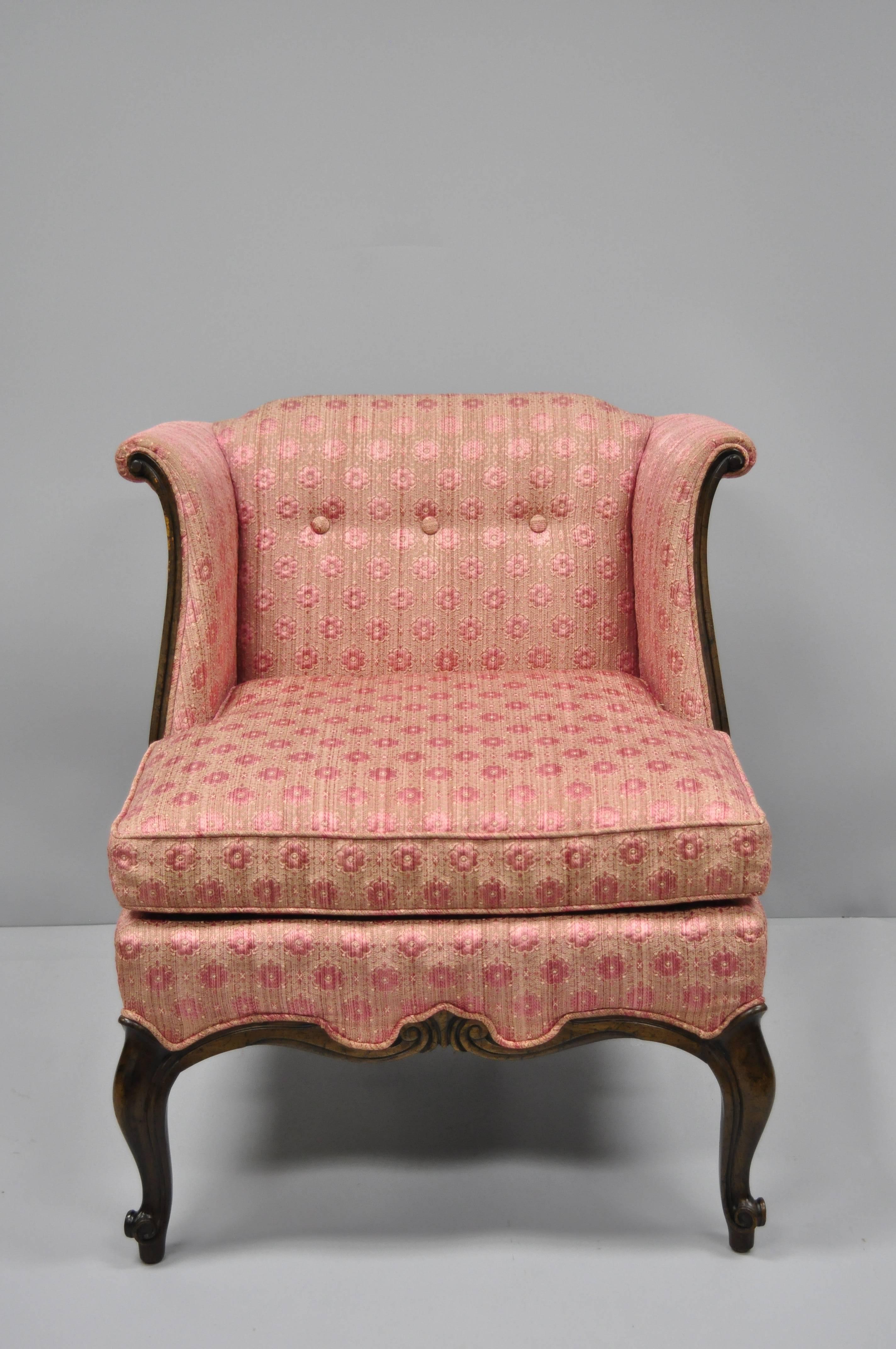 Knapp & Tubbs Kenilworth French Country Louis XV style boudoir accent side chair. Item features a unique wingback frame, solid wood construction, distressed finish, original label, quality American craftsmanship, great style and form, circa mid-20th
