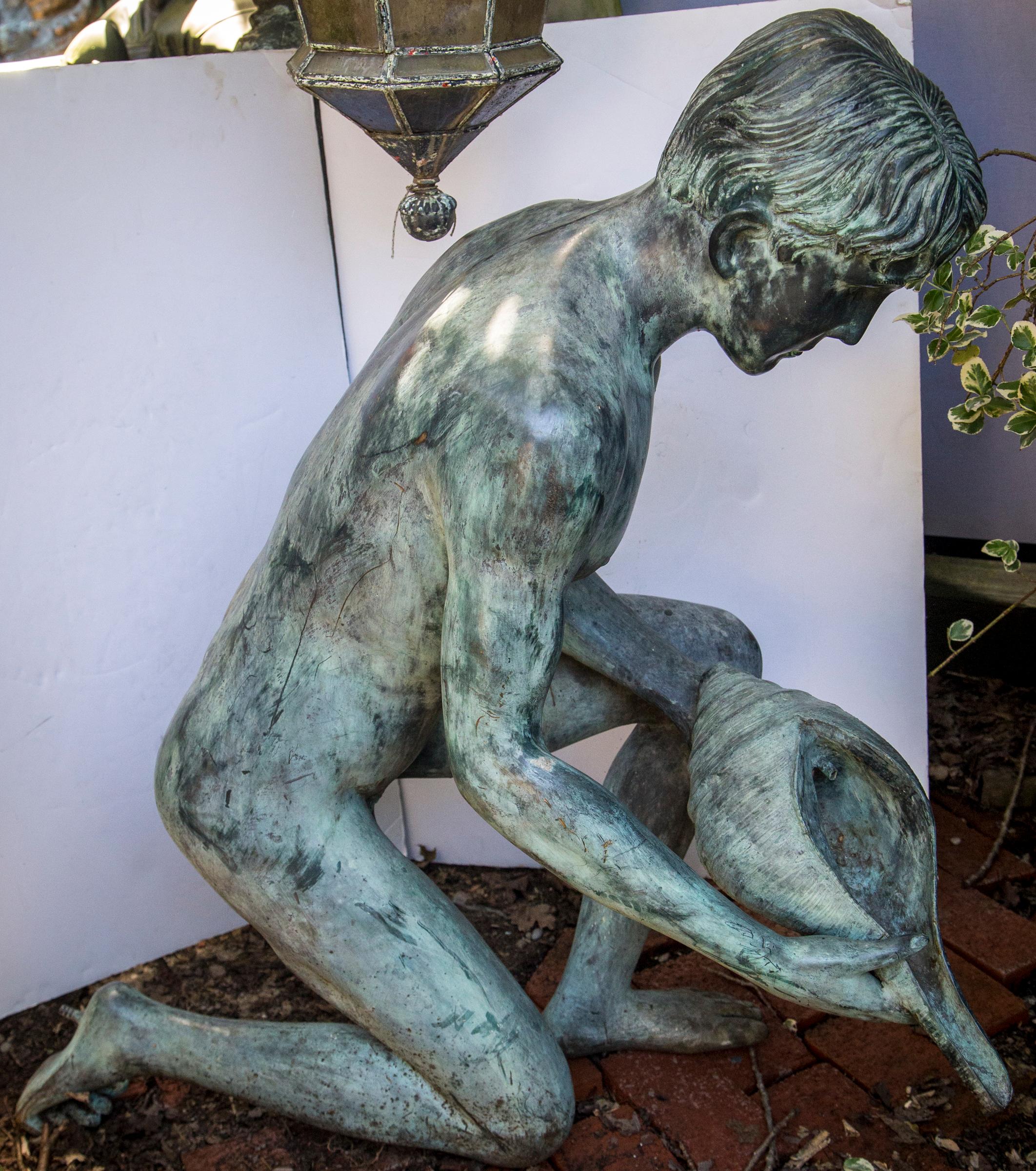 20th Century Kneeling Bronze Boy Fountain