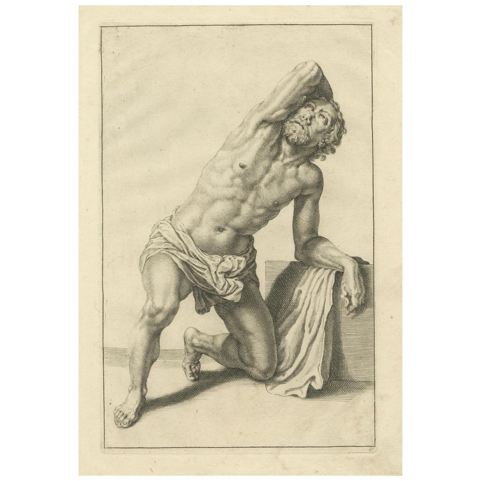 Estudio de desnudo masculino arrodillado según de Lairesse Manual de dibujo alemán, c1745