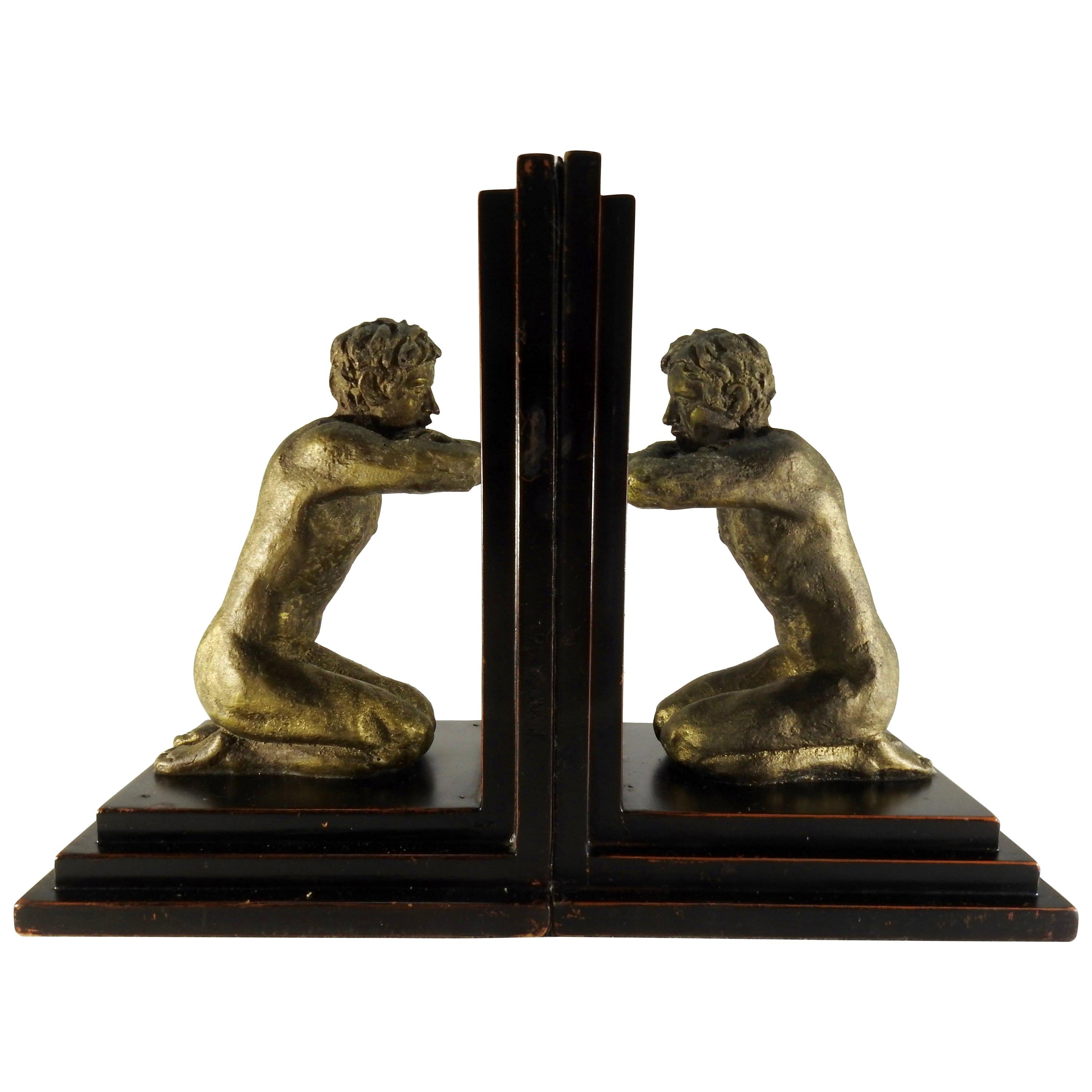 Kneeling Men's on Wood Bookends with Mirrors For Sale