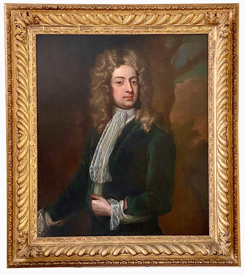 18th century Portrait of Playwright William Congreve in a Blue Velvet Jacket. - Painting by Studio of Kneller Godfrey