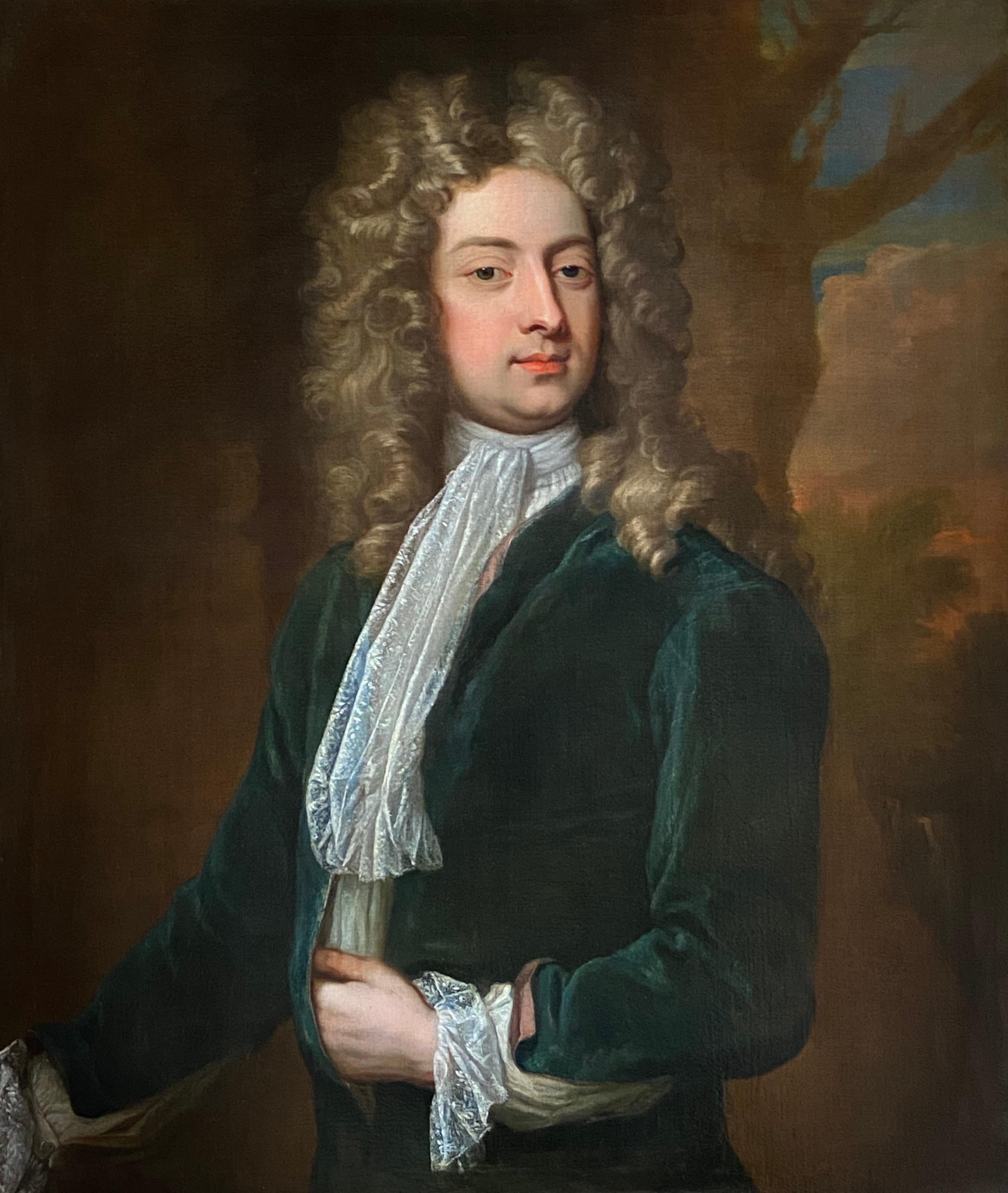 Studio of Kneller Godfrey Portrait Painting - 18th century Portrait of Playwright William Congreve in a Blue Velvet Jacket.