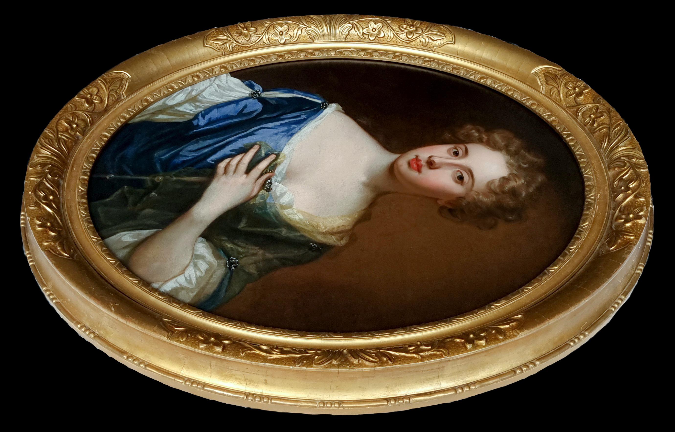 Porträt einer Dame in einem blauen Kleid, die einen durchsichtigen Schal hält, ca.1675-85, Öl auf Leinwand im Angebot 6