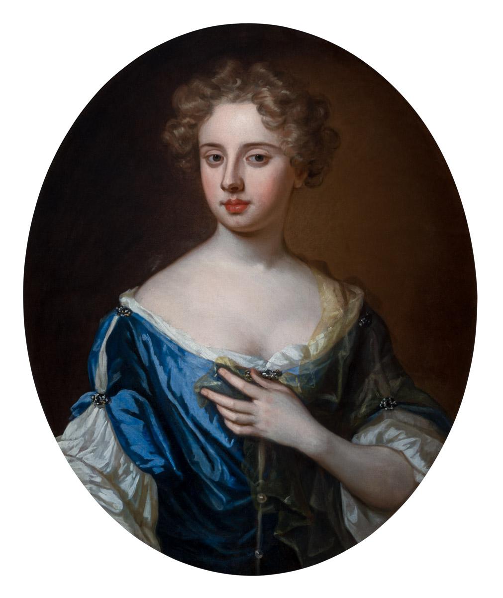 Portrait of a Lady in a Blue Gown Holding a Sheer Scarf Painting Godfrey Kneller For Sale 1