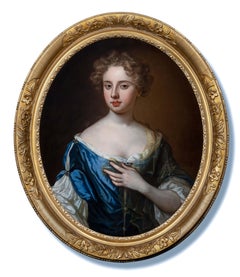 Antique Portrait of a Lady in a Blue Gown Holding a Sheer Scarf Painting Godfrey Kneller