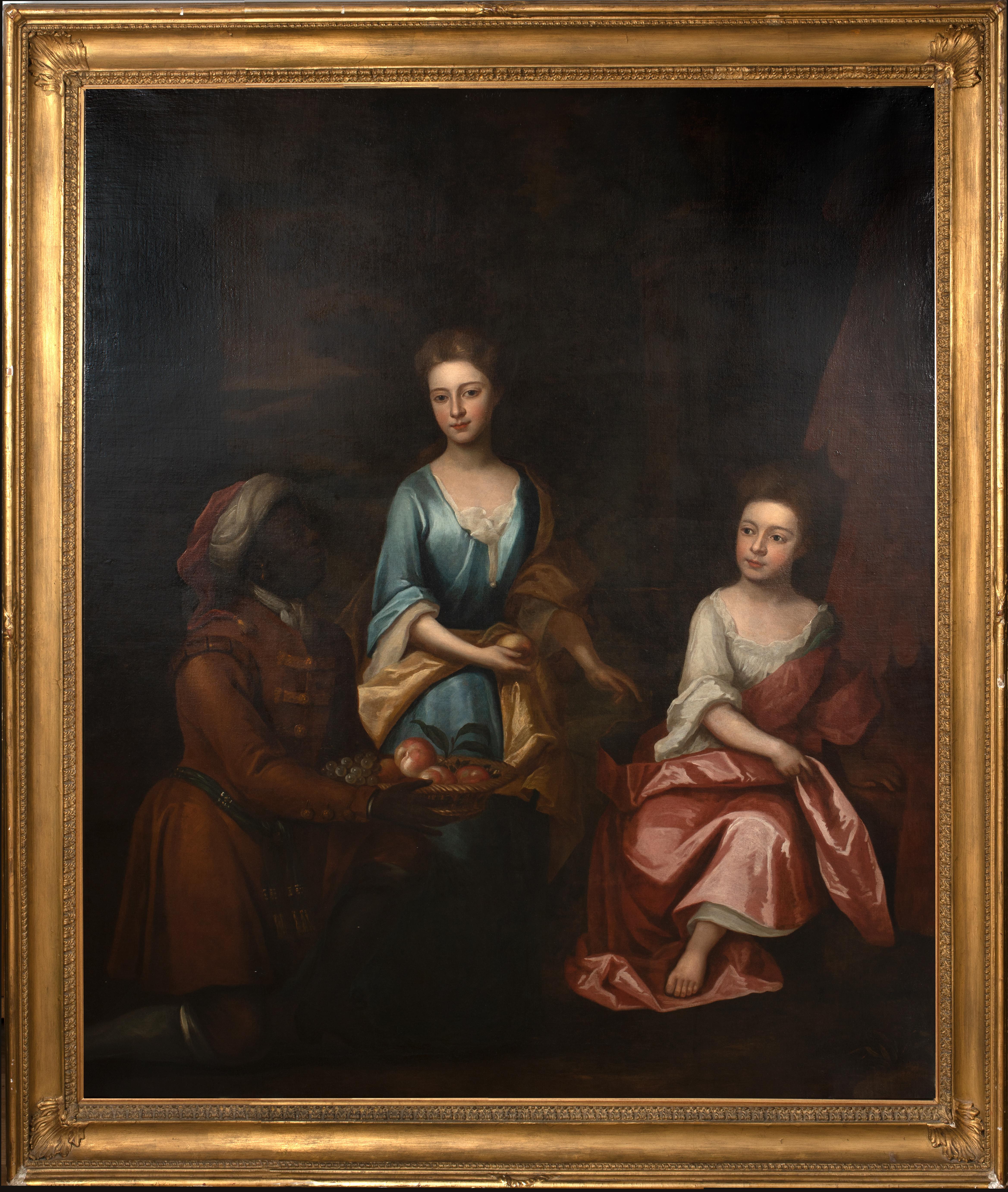 Portrait de deux filles et un serviteur, 17ème siècle - Noir Portrait Painting par Kneller Godfrey