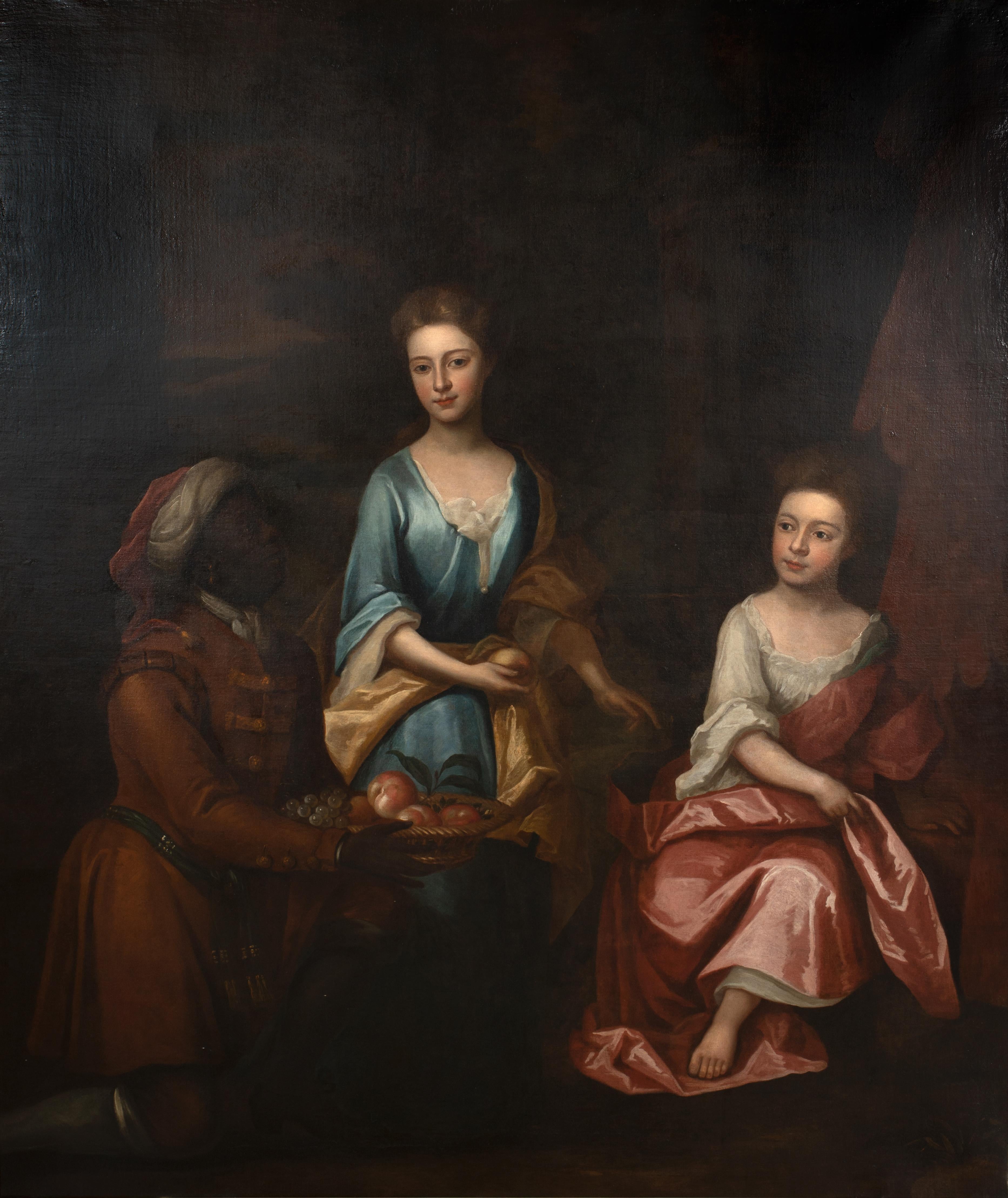 Portrait Painting Kneller Godfrey - Portrait de deux filles et un serviteur, 17ème siècle