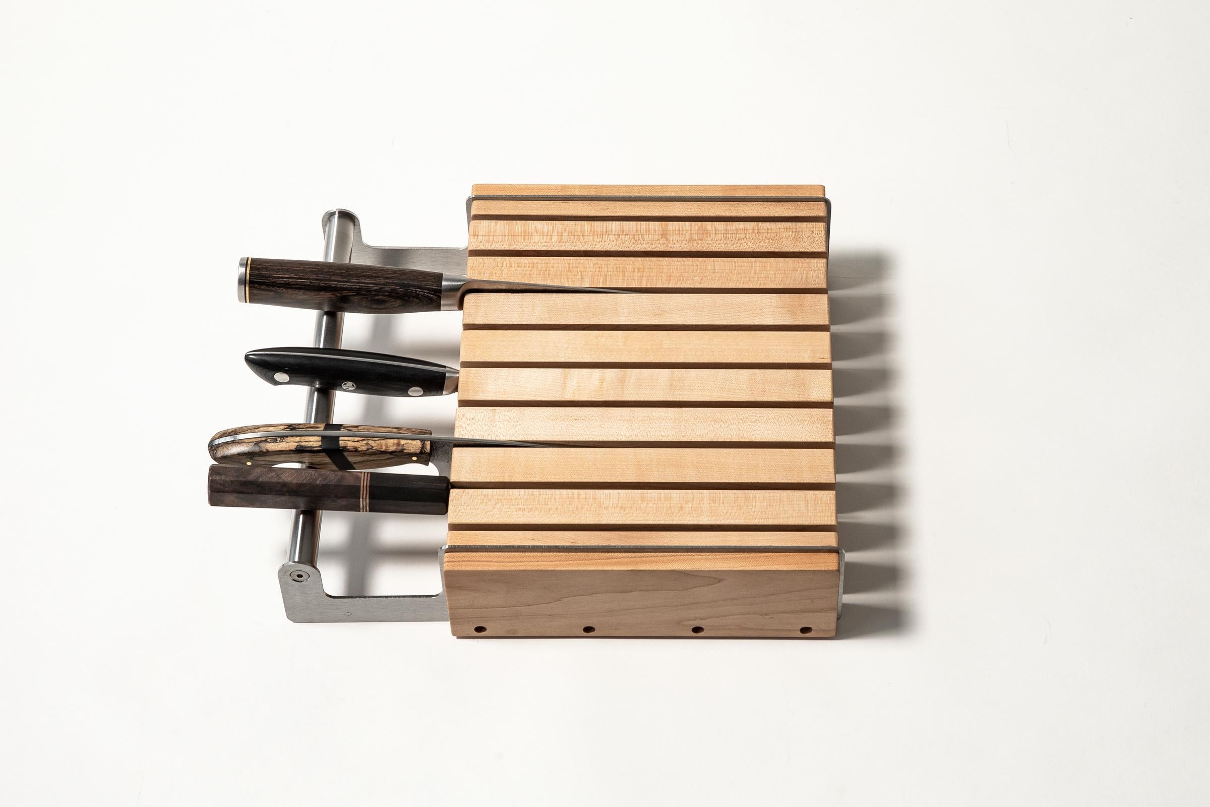 Modern Solid Maple and Stainless Steel Knife Block - holds knives up to 10