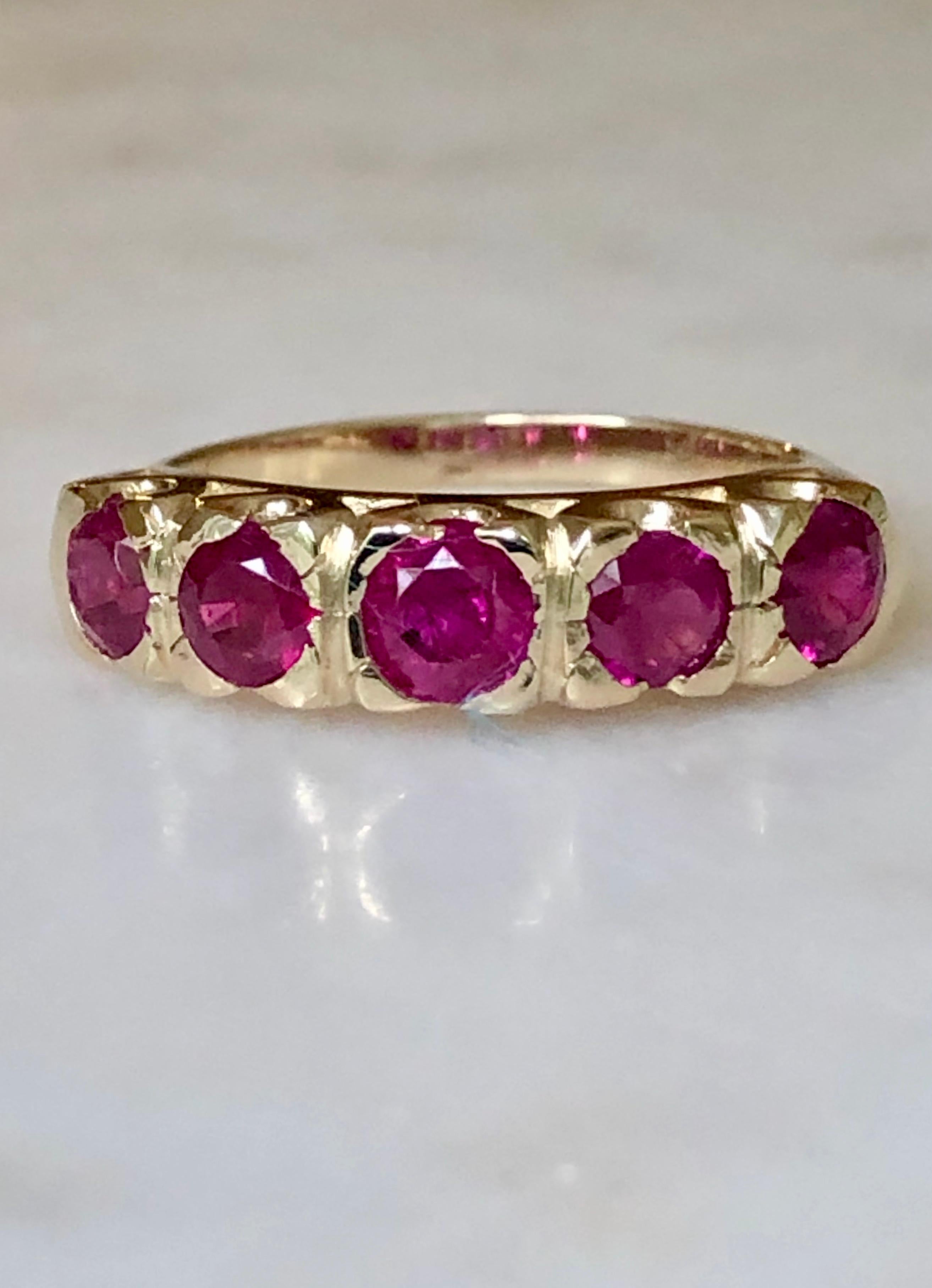 Beautiful yellow gold 1.90 Carats Natural Burmese Ruby Fishtail Mounting Anniversary Antique Style Ring - Size 6 3/4.  This yellow gold 14K  anniversary band is stunning!   The ring has a fishtail style mounting that holds (5) round cut Burma rubies