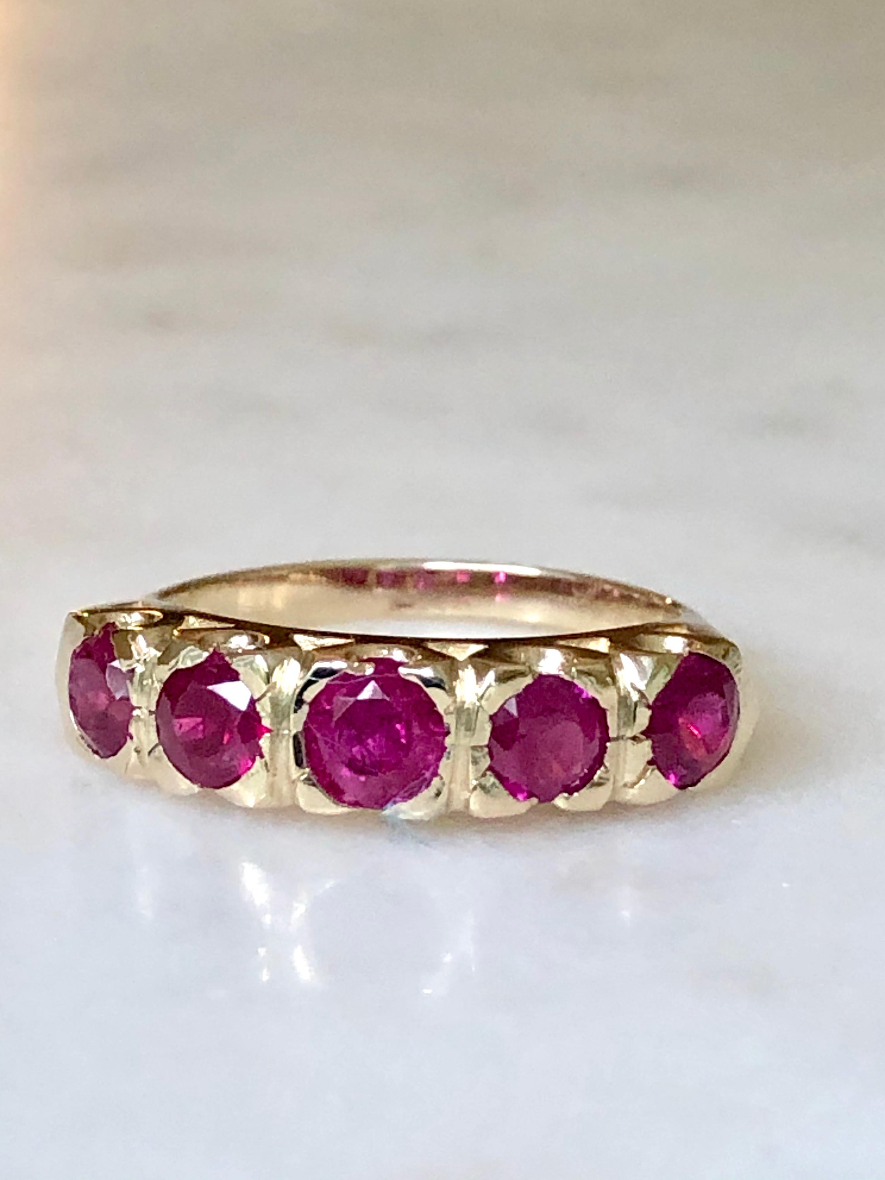 Edwardian Knife Edge 1.90 Carat Ruby Fishtail Mounting Anniversary Five Stone Ring For Sale