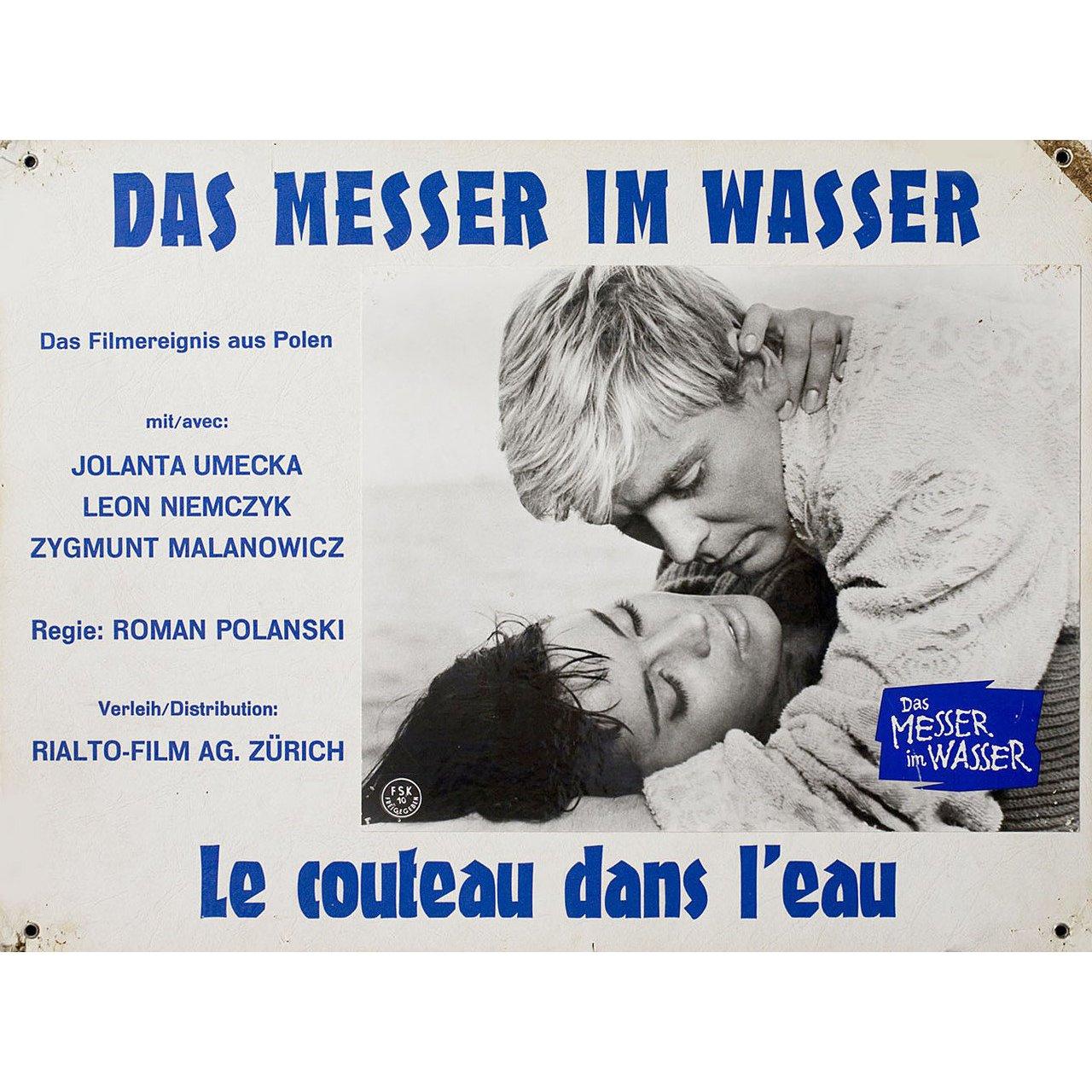 Original 1962 Swiss scene card for the film Knife in the Water (Noz w wodzie) directed by Roman Polanski with Leon Niemczyk / Jolanta Umecka / Zygmunt Malanowicz. Very good condition. Please note: the size is stated in inches and the actual size can