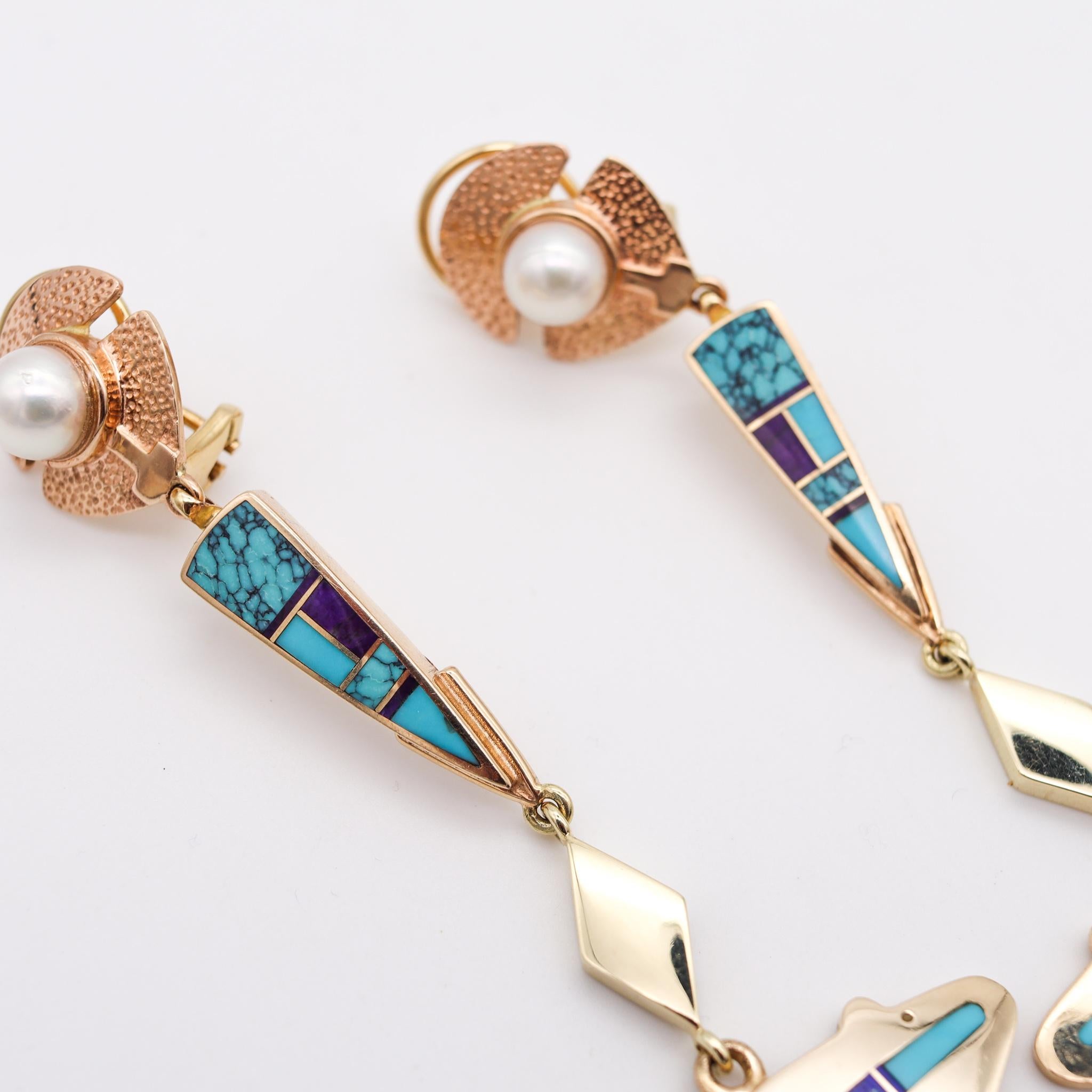 Artist Knifewing Segura Apache Ray Tracey Dangle Drop Earrings 14Kt Gold with Turquoise For Sale