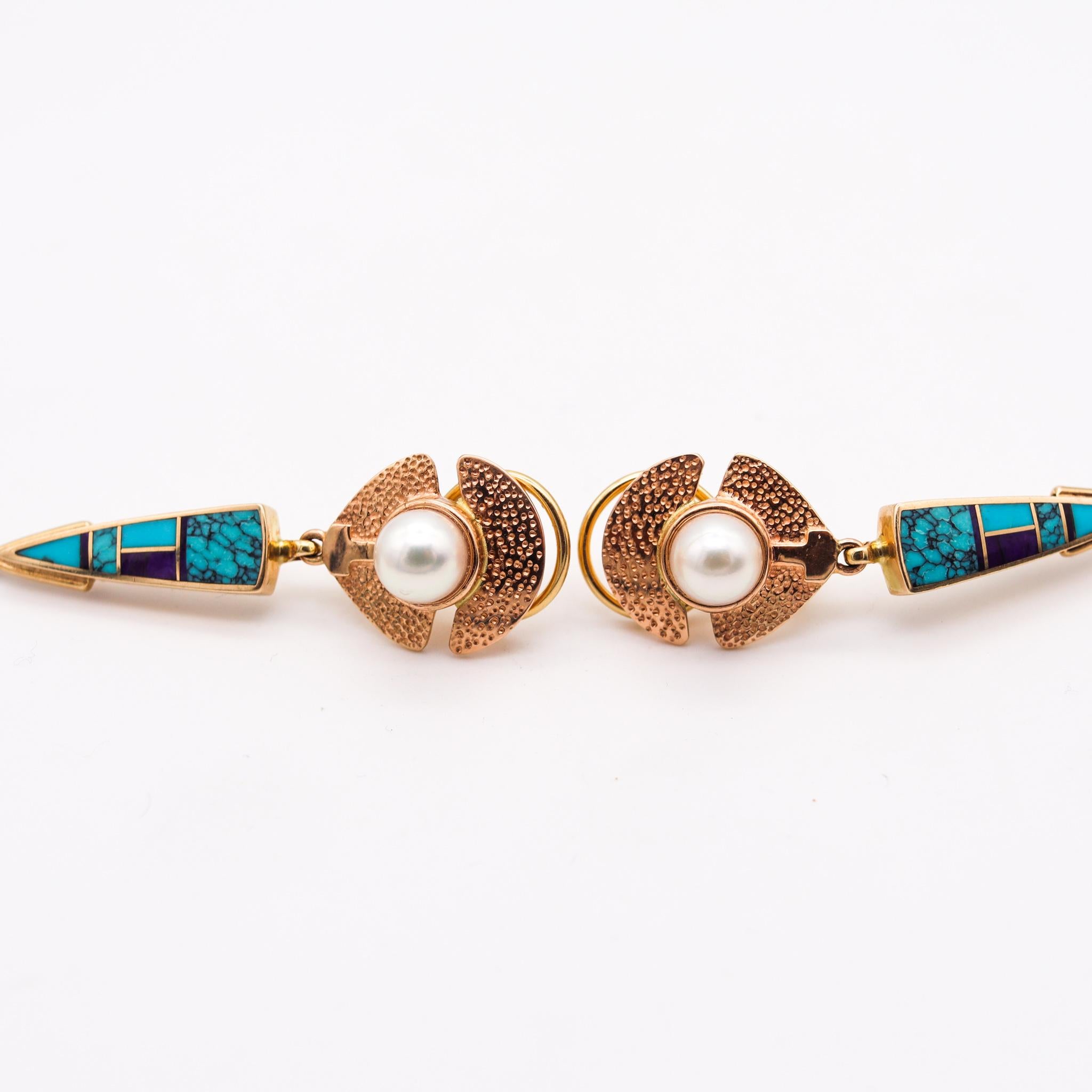 Mixed Cut Knifewing Segura Apache Ray Tracey Dangle Drop Earrings 14Kt Gold with Turquoise For Sale