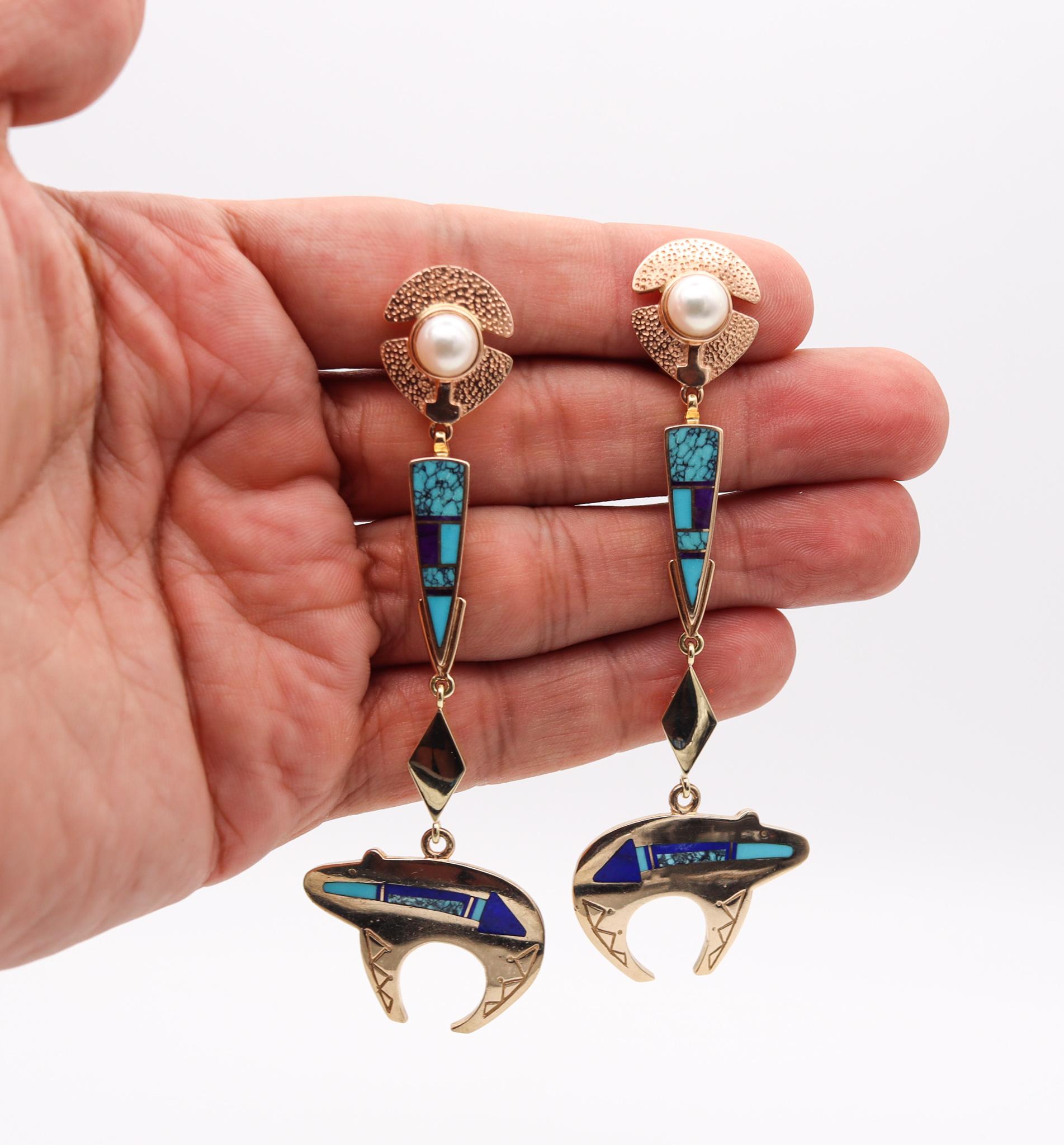 Women's Knifewing Segura Apache Ray Tracey Dangle Drop Earrings 14Kt Gold with Turquoise For Sale