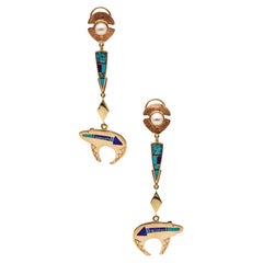 Boucles d'oreilles pendantes Segura Apache Ray en or 14 carats avec turquoise en forme de couteau