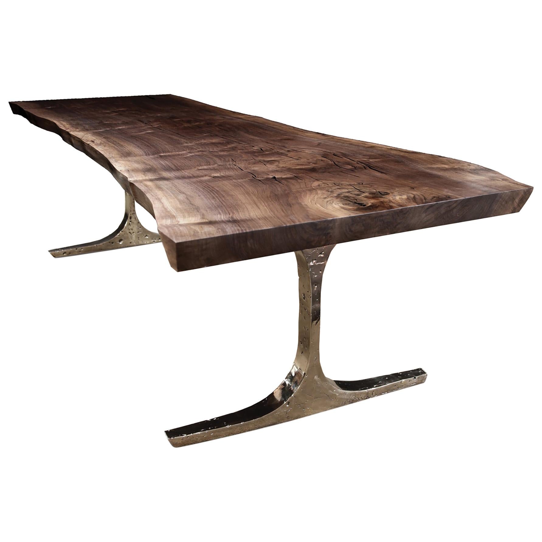 Knight Base Dining Table:  Versatile Bronze Base Dining Table with Walnut Top