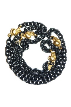 Knight & Hammer Gold Tone Skull and Black Matt Enamel Chain Necklace