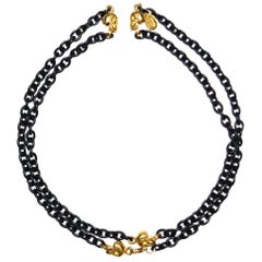 Knight & Hammer Gold Tone Skull and Black Matt Enamel Chain Necklace