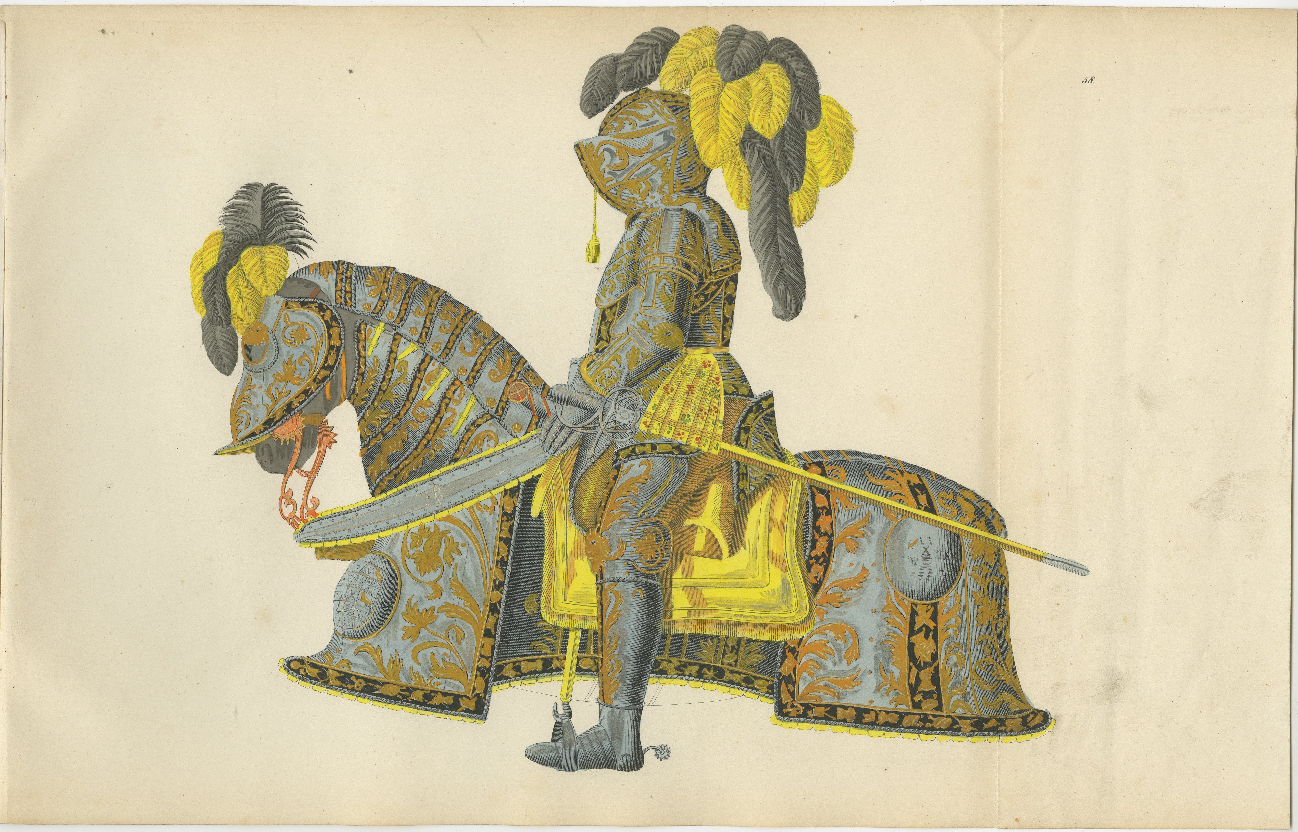 Titel: Ritter in voller Turnierrüstung auf einem prächtig geschmückten Pferd

Beschreibung: Diese atemberaubende handkolorierte Lithografie zeigt einen Ritter in einer aufwendigen Turnierrüstung, der auf einem reich geschmückten Pferd sitzt. Die