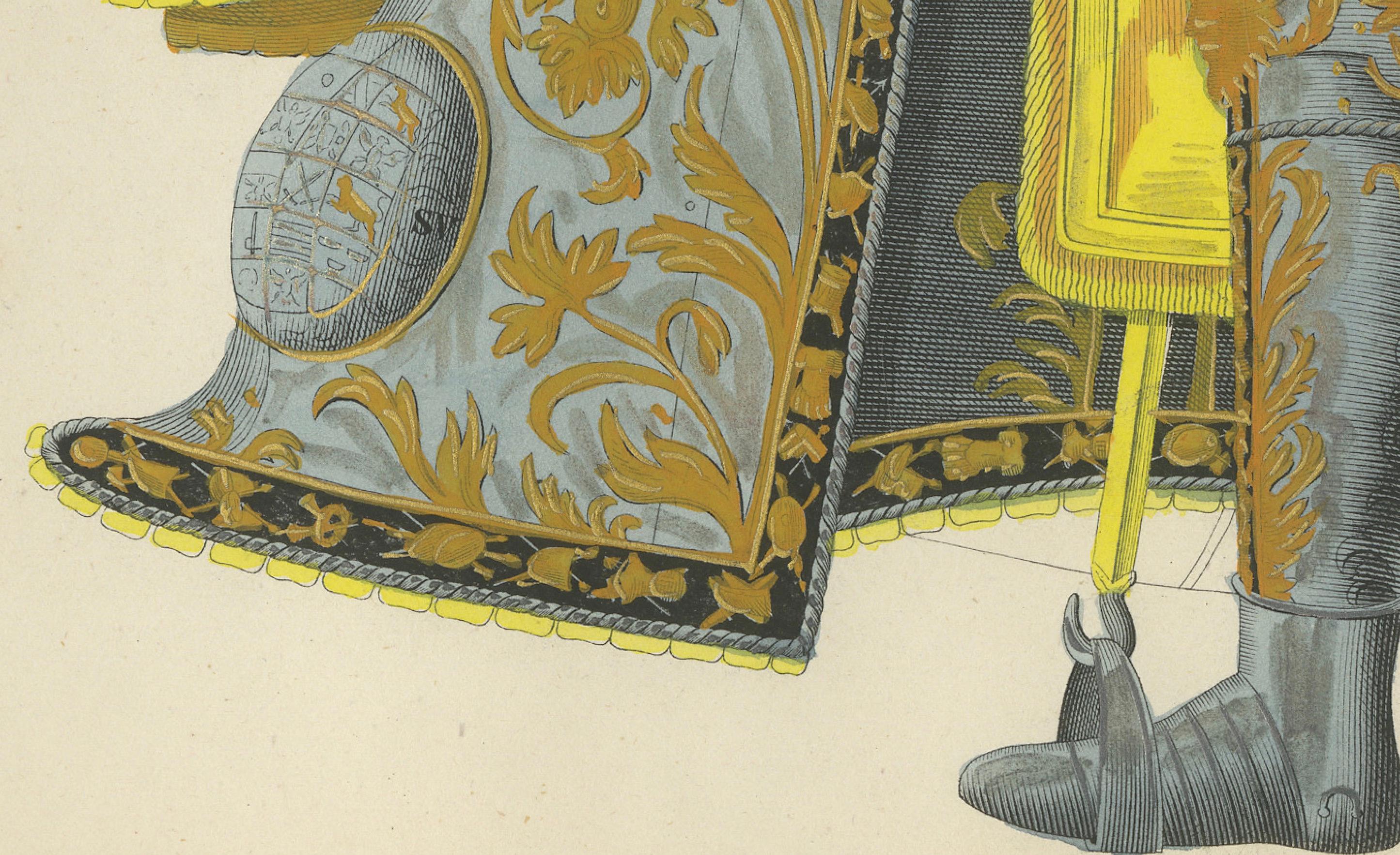Knight in Full Tournament-Armor auf einem aufwändig gefangenen Pferd, Litho, 1842 (Mittleres 19. Jahrhundert) im Angebot