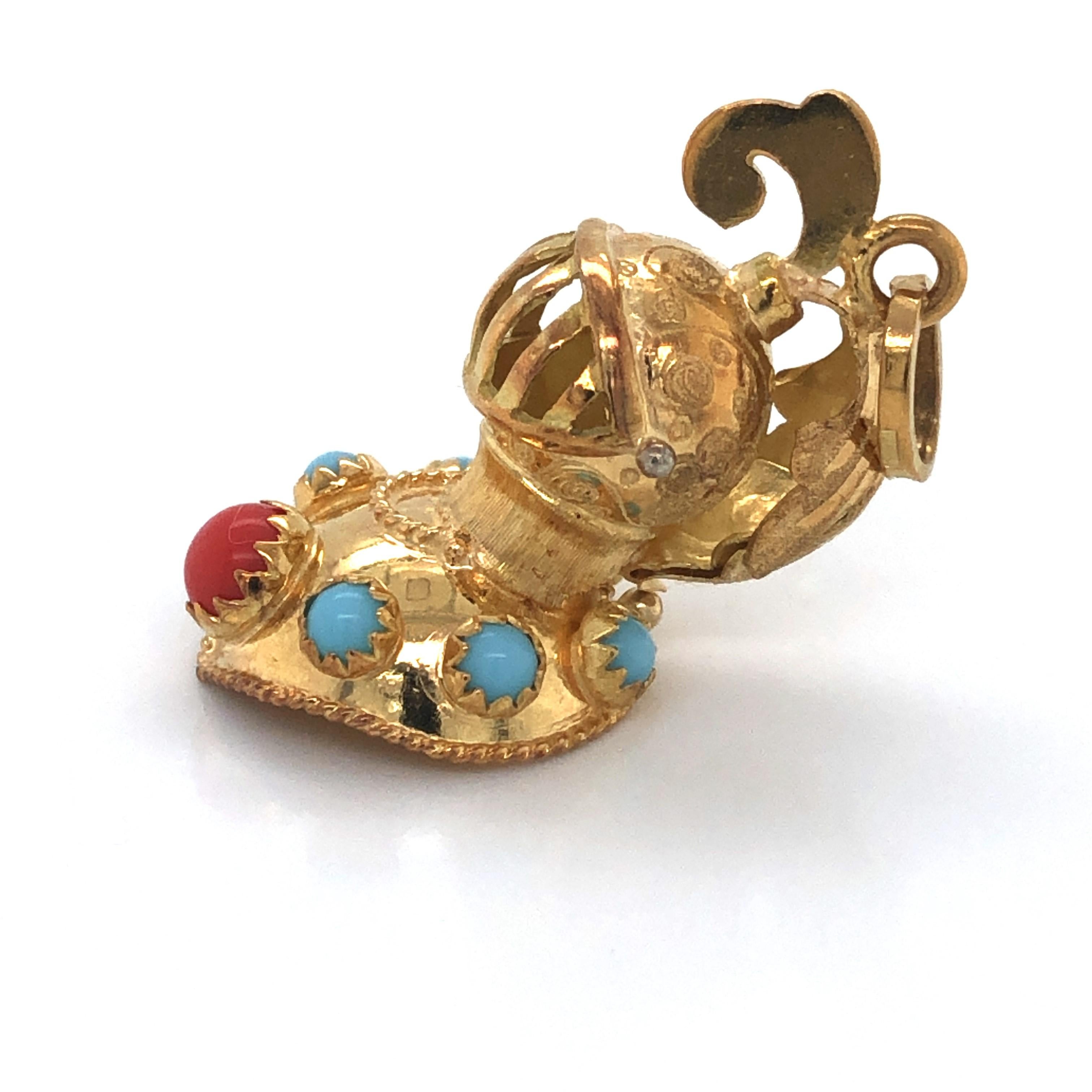 Round Cut Knight in Shining Armor 18 Karat Gold Charm Pendant w Turquoise Coral Accents  For Sale
