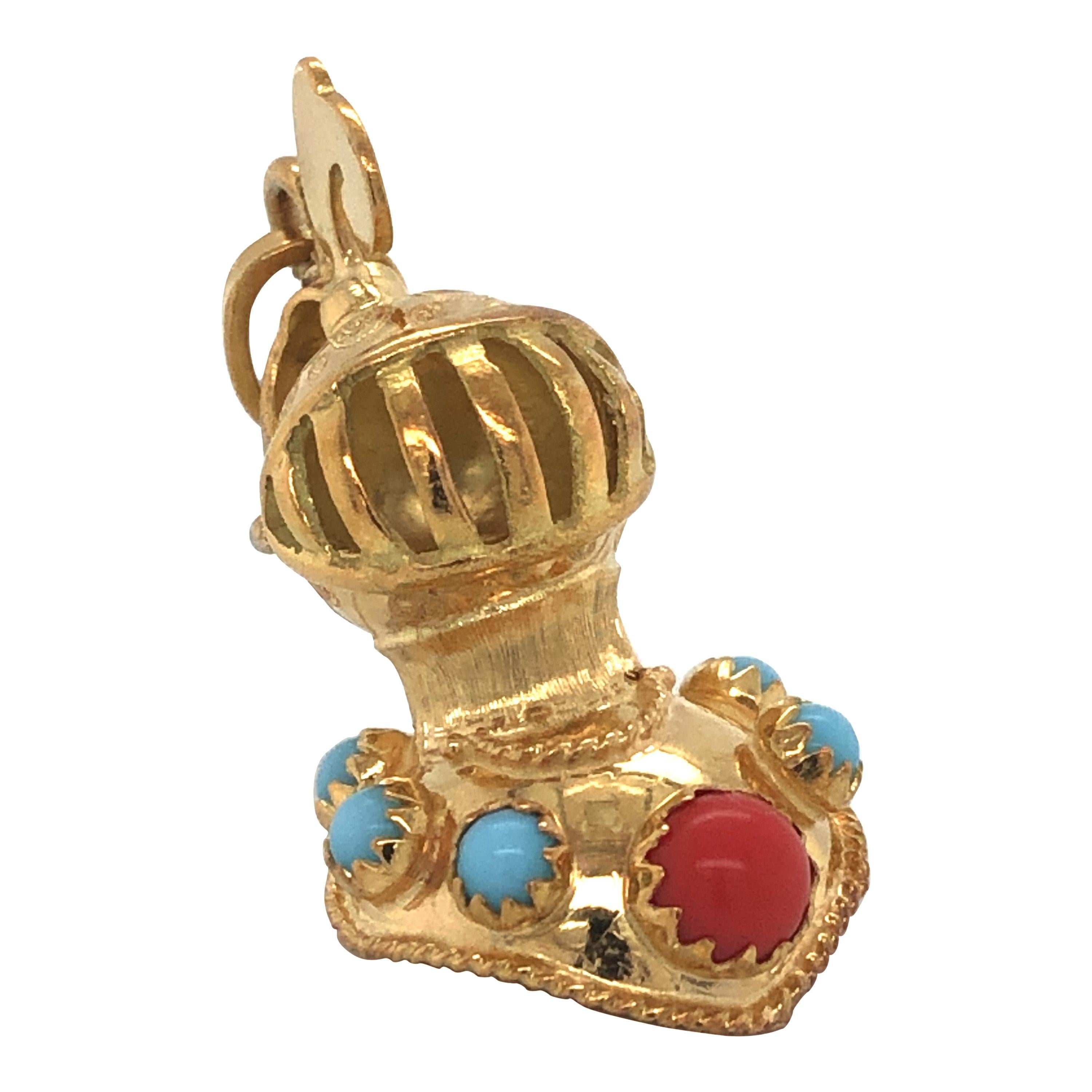 Knight in Shining Armor 18 Karat Gold Charm Pendant w Turquoise Coral Accents 
