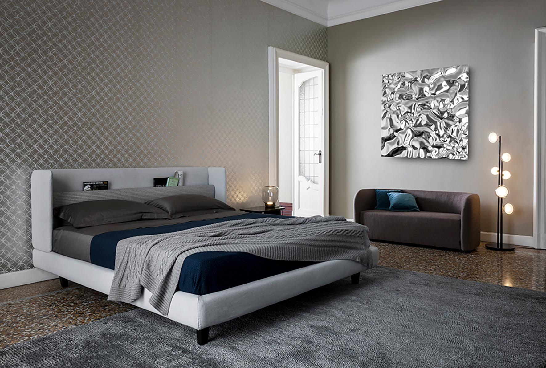 Modern 'KNIGHT' King-Size Bed in Light Grey with Functional Headboard For Sale