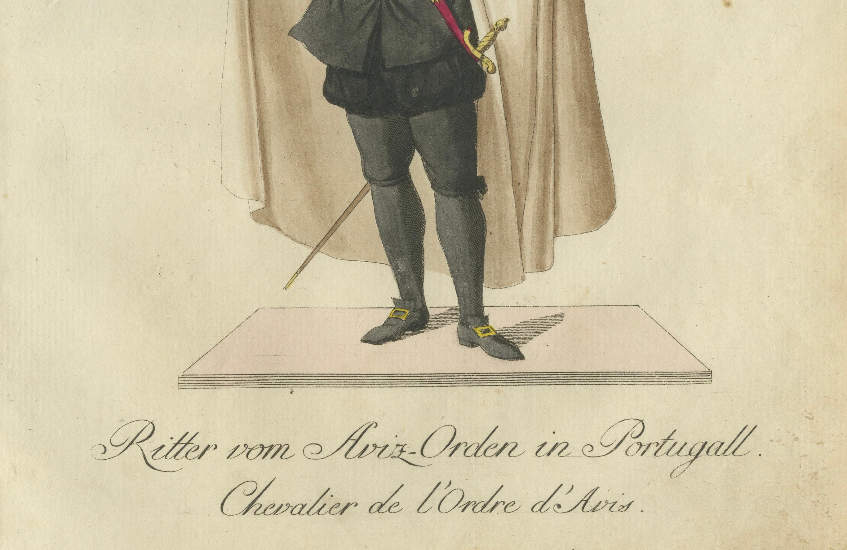 Titel: Ritter des Aviz-Ordens in Portugal - Handkolorierter Kupferstich aus dem 18.

Beschreibung:  
Dieser fein handkolorierte Stich zeigt einen Ritter des angesehenen Aviz-Ordens, eines historischen Militärordens in Portugal, der im 12.