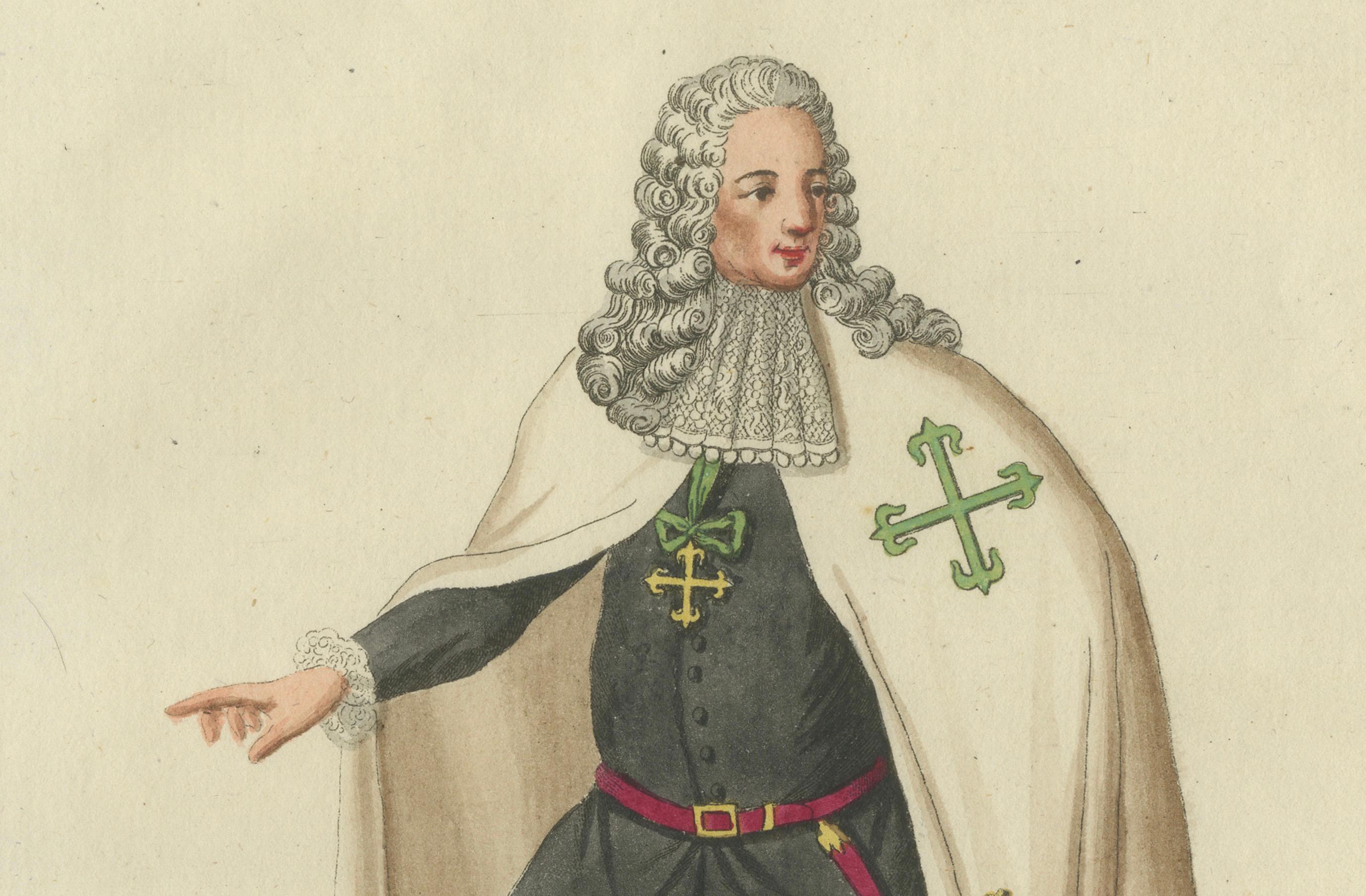 Knight of the Aviz Order in Portugal, Ritter des Aviz-Ordens, 18. Jahrhundert, handkolorierte Gravur (Graviert) im Angebot