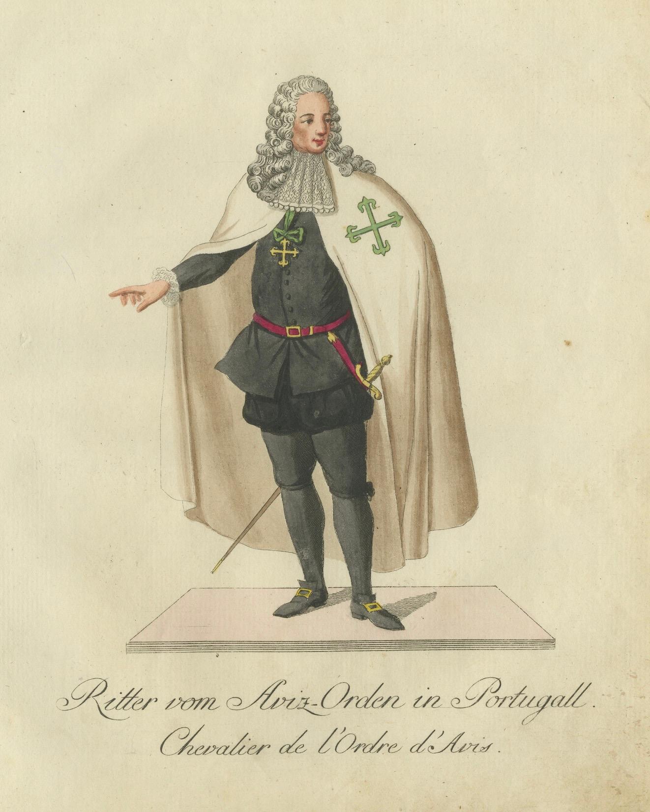 Knight of the Aviz Order in Portugal, Ritter des Aviz-Ordens, 18. Jahrhundert, handkolorierte Gravur im Zustand „Gut“ im Angebot in Langweer, NL