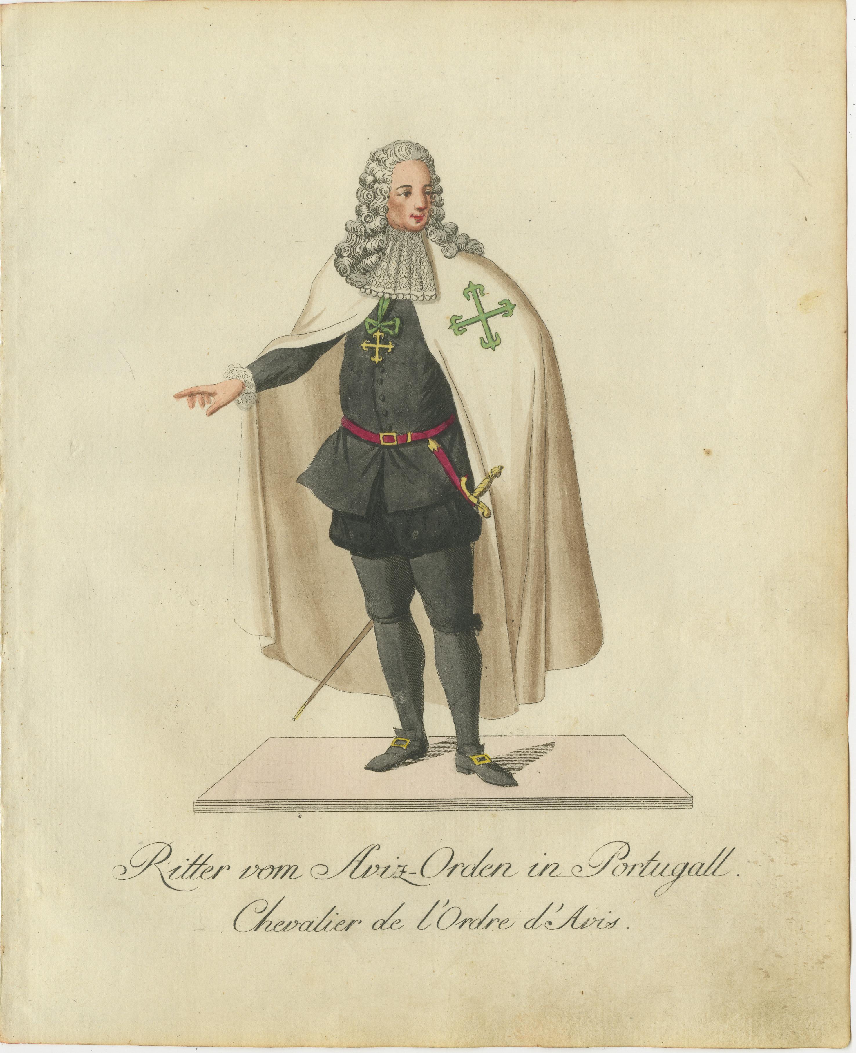 Knight of the Aviz Order in Portugal, Ritter des Aviz-Ordens, 18. Jahrhundert, handkolorierte Gravur (Spätes 18. Jahrhundert) im Angebot